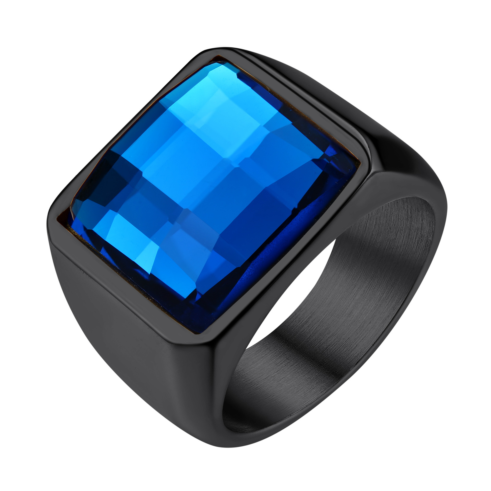 KeyStyle Rings for Men Stainless Steel Statement Ring with Blue Topaz Birthstone Signet Ring Birthday Gemstone Jewelry Gift for Men, 8mm Blue Topaz