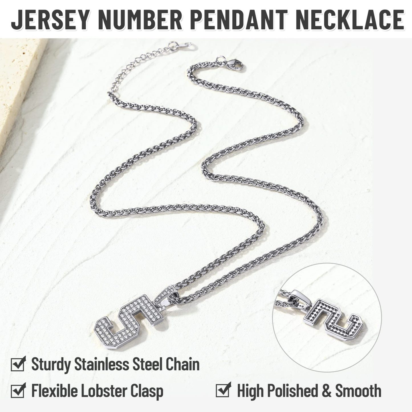 KeyStyle Number Pendant Necklace Sport Athletes Number Necklace for Men with Cubic Zirconia Hip Hop Jewelry for Women & Men, Number 0-9 Chain Necklace