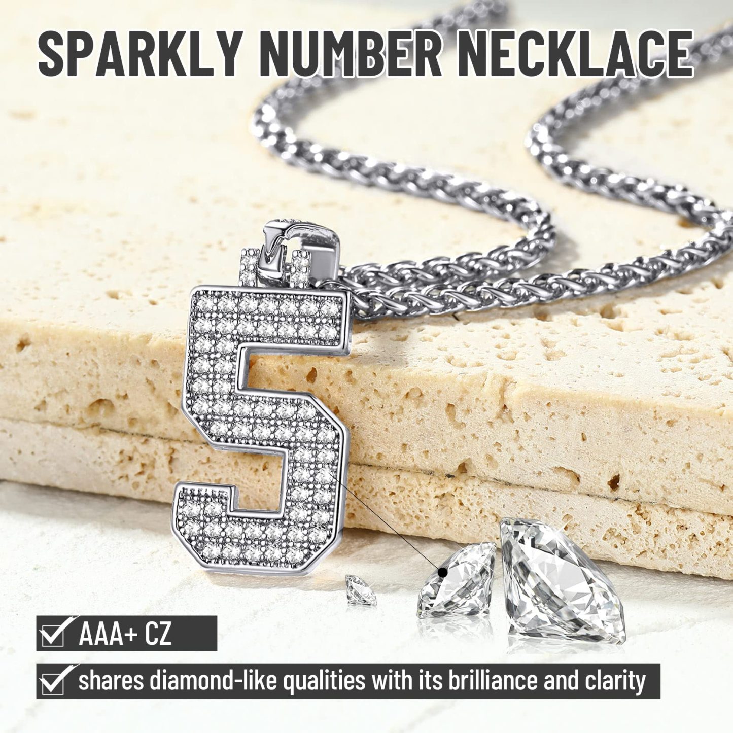 KeyStyle Number Pendant Necklace Sport Athletes Number Necklace for Men with Cubic Zirconia Hip Hop Jewelry for Women & Men, Number 0-9 Chain Necklace
