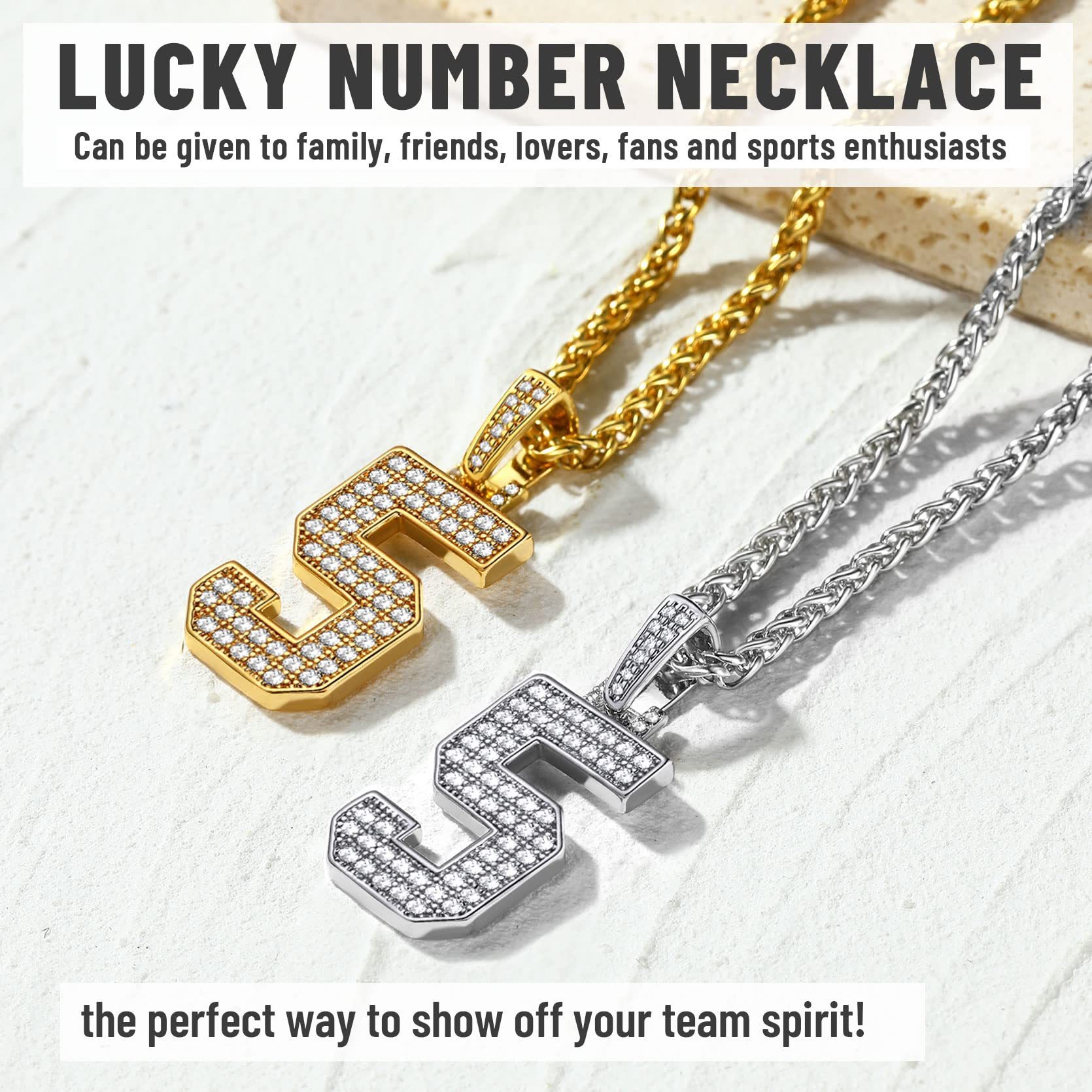 KeyStyle Number Pendant Necklace Sport Athletes Number Necklace for Men with Cubic Zirconia Hip Hop Jewelry for Women & Men, Number 0-9 Chain Necklace