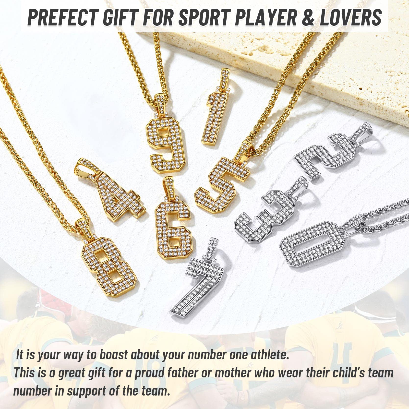 KeyStyle Number Pendant Necklace Sport Athletes Number Necklace for Men with Cubic Zirconia Hip Hop Jewelry for Women & Men, Number 0-9 Chain Necklace