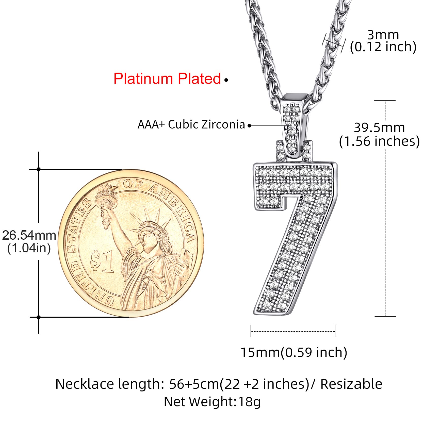 KeyStyle Number Pendant Necklace Sport Athletes Number Necklace for Men with Cubic Zirconia Hip Hop Jewelry for Women & Men, Number 0-9 Chain Necklace