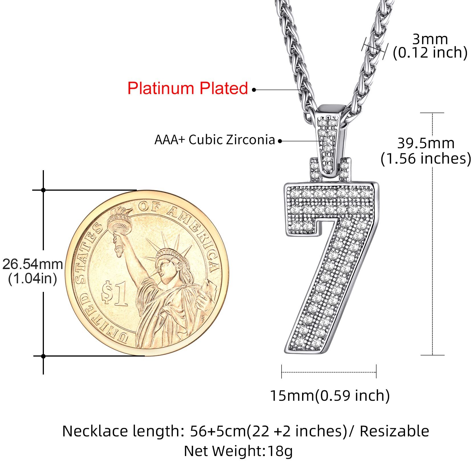 KeyStyle Number Pendant Necklace Sport Athletes Number Necklace for Men with Cubic Zirconia Hip Hop Jewelry for Women & Men, Number 0-9 Chain Necklace
