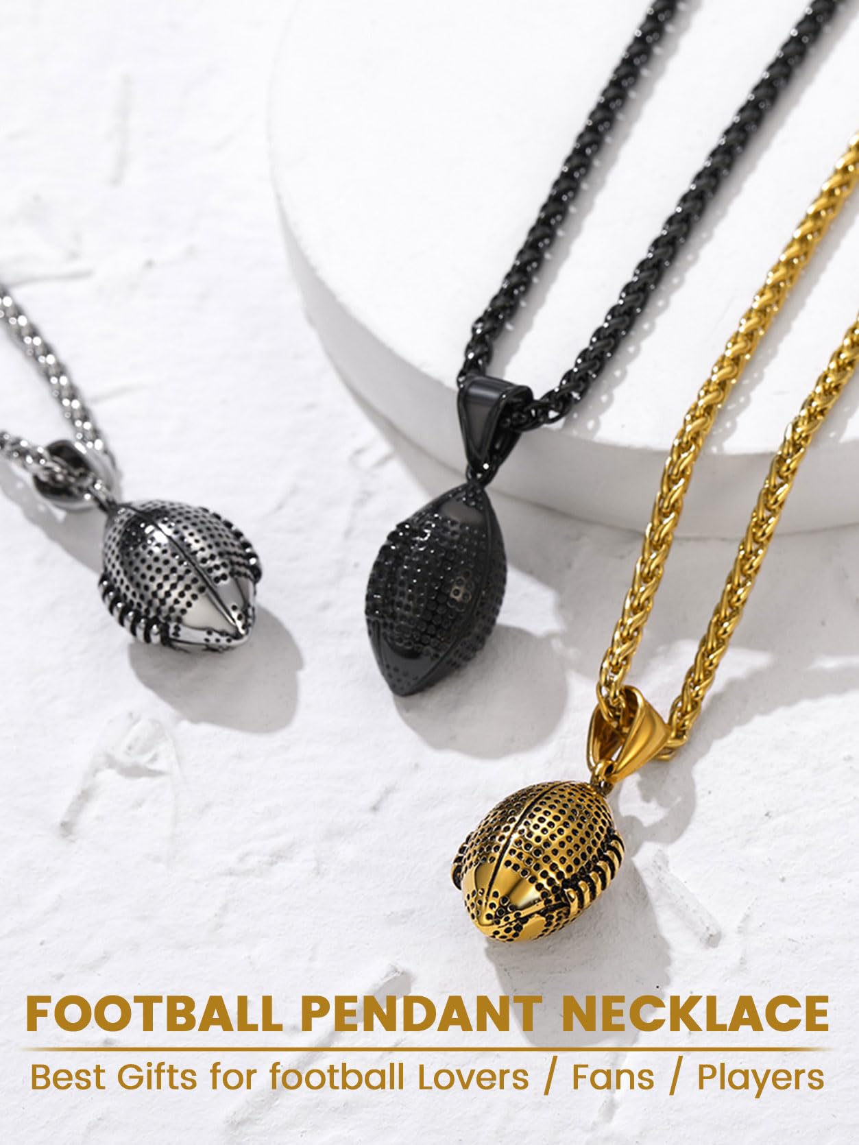 KeyStyle Football Pendant Necklaces for Men Stainless Steel Chain Necklaces for Athlete Sports Lover Necklace Valentine's Day Jewelry Gift for Husband
