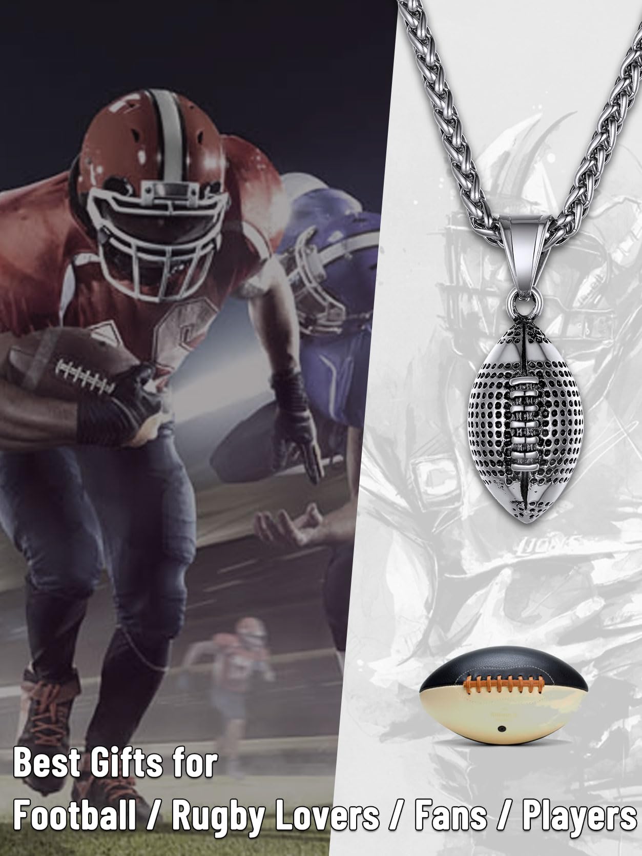 KeyStyle Football Pendant Necklaces for Men Stainless Steel Chain Necklaces for Athlete Sports Lover Necklace Valentine's Day Jewelry Gift for Husband