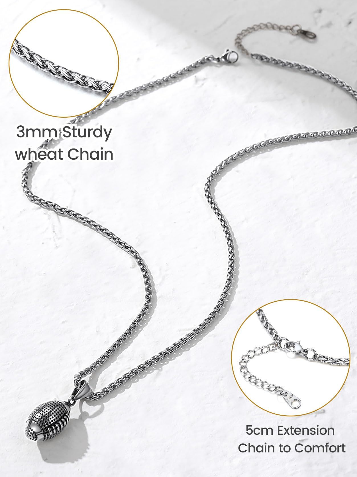 KeyStyle Football Pendant Necklaces for Men Stainless Steel Chain Necklaces for Athlete Sports Lover Necklace Valentine's Day Jewelry Gift for Husband