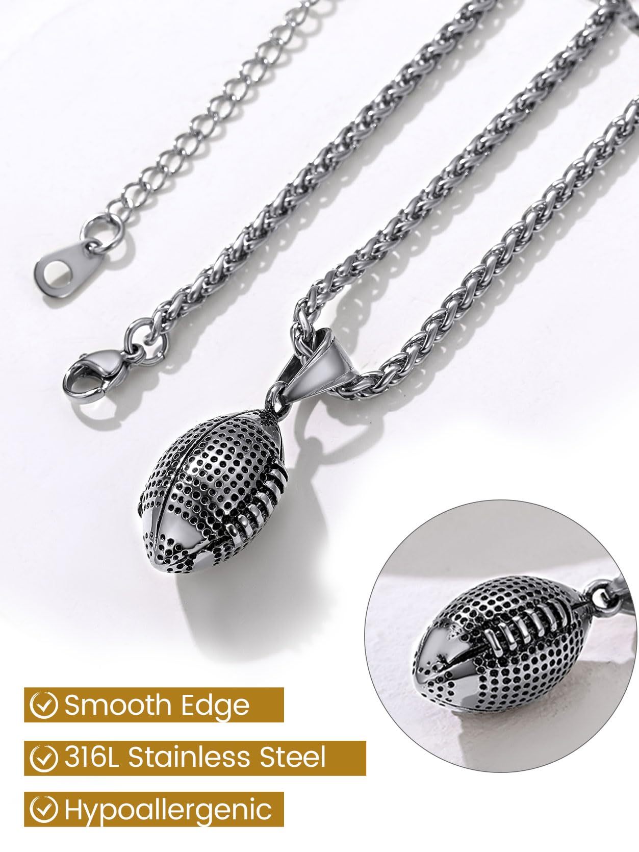 KeyStyle Football Pendant Necklaces for Men Stainless Steel Chain Necklaces for Athlete Sports Lover Necklace Valentine's Day Jewelry Gift for Husband