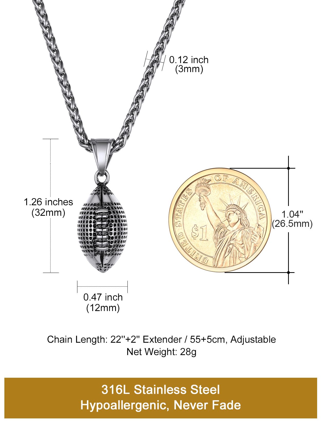 KeyStyle Football Pendant Necklaces for Men Stainless Steel Chain Necklaces for Athlete Sports Lover Necklace Valentine's Day Jewelry Gift for Husband