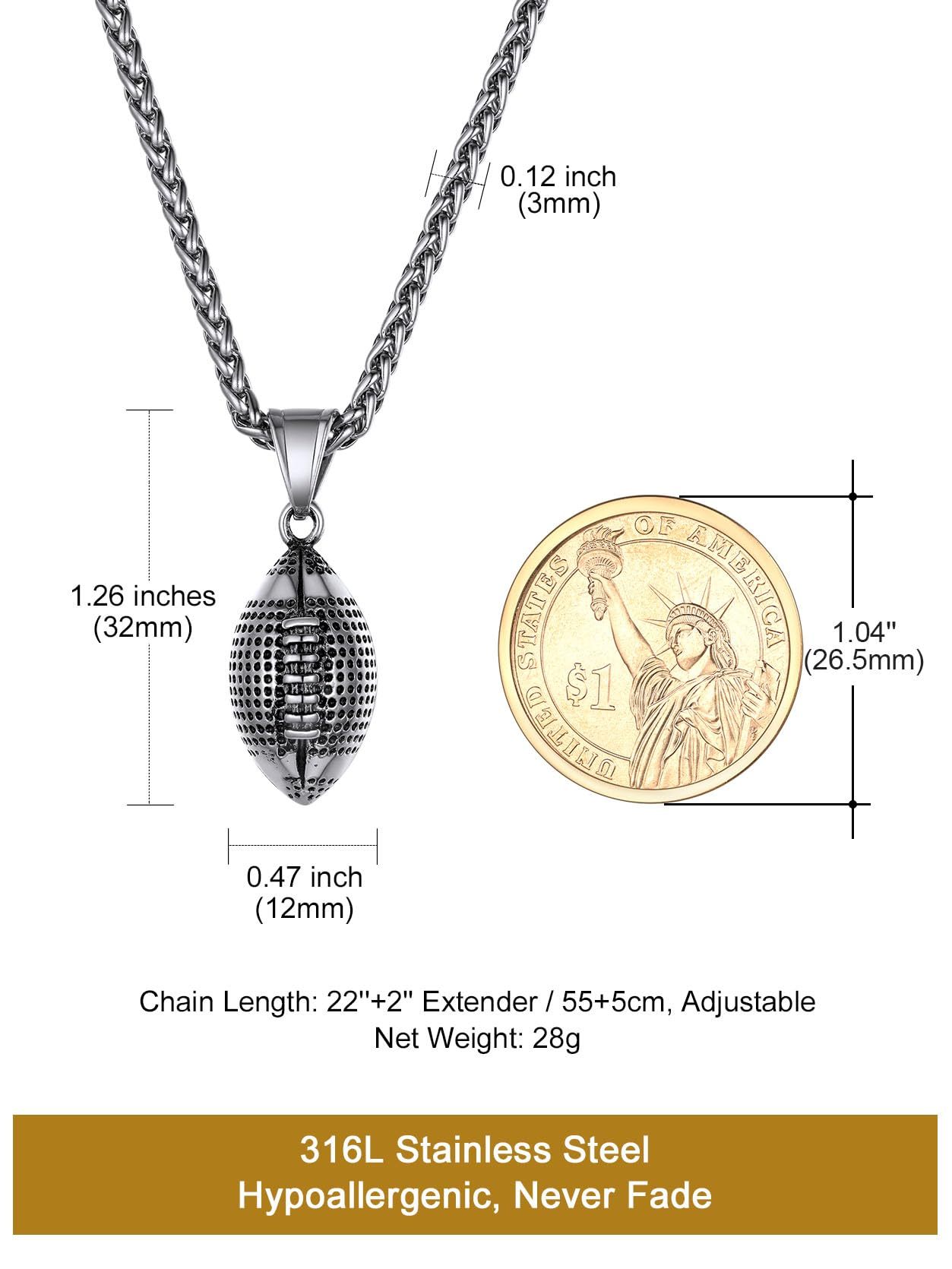 KeyStyle Football Pendant Necklaces for Men Stainless Steel Chain Necklaces for Athlete Sports Lover Necklace Valentine's Day Jewelry Gift for Husband