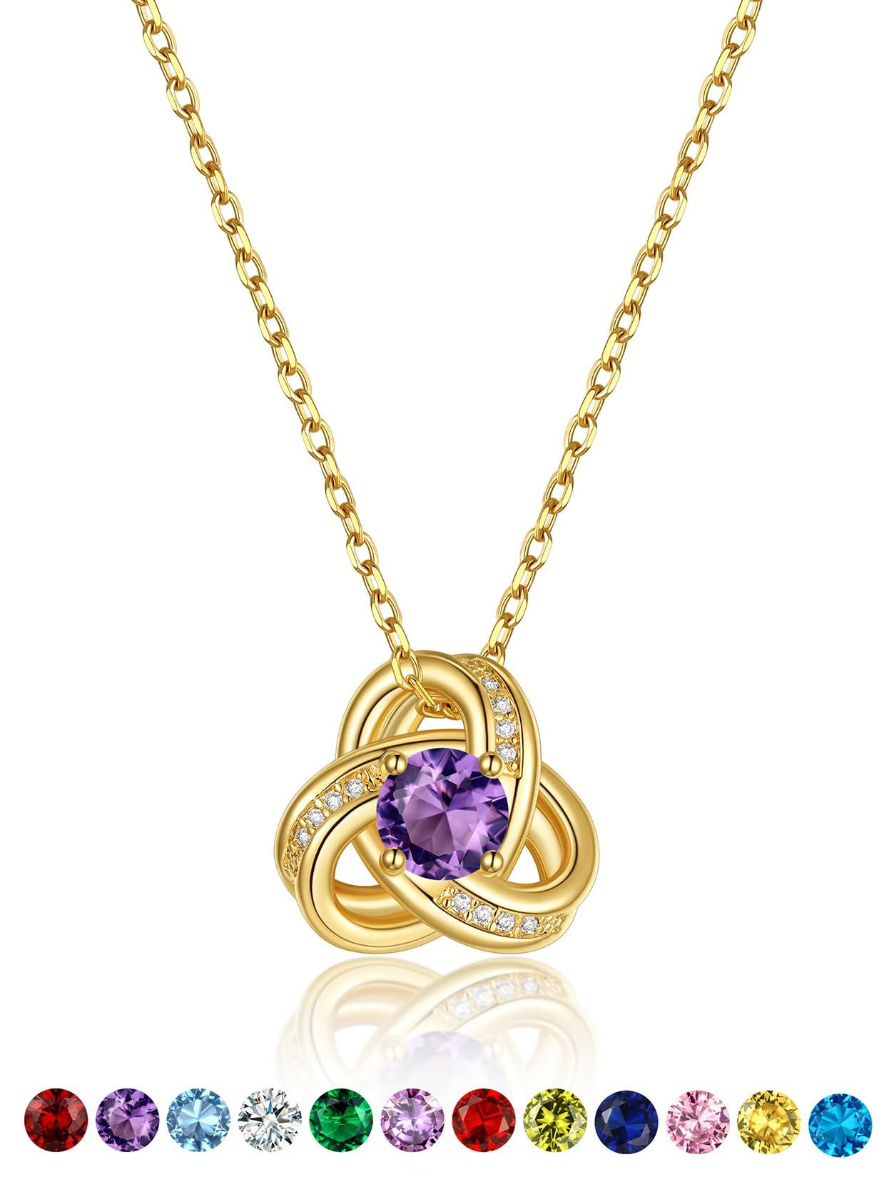 KeyStyle Necklace for Women Love Knot Pendant Necklace with Cubic Zirconia 14K Gold Plated Birthstone Jewelry Necklace Mother's Day Birthday Gifts for Women