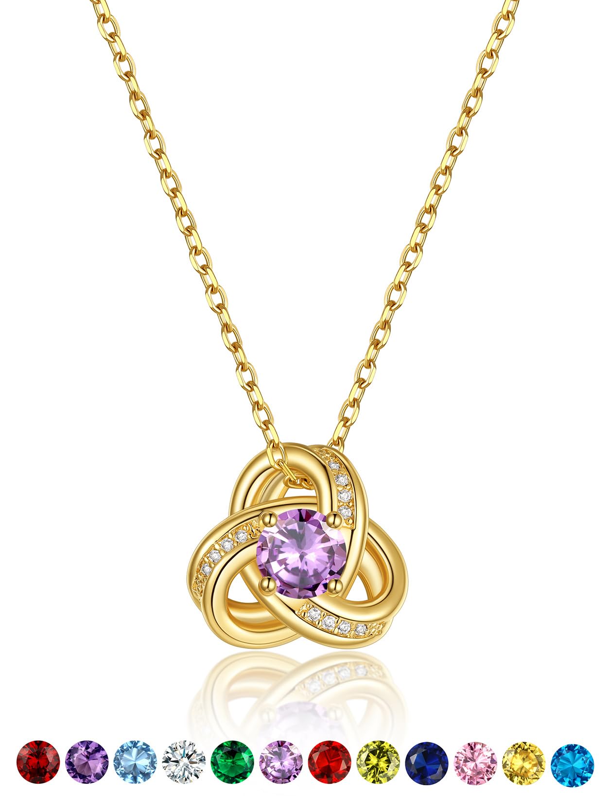 KeyStyle Necklace for Women Love Knot Pendant Necklace with Cubic Zirconia 14K Gold Plated Birthstone Jewelry Necklace Mother's Day Birthday Gifts for Women