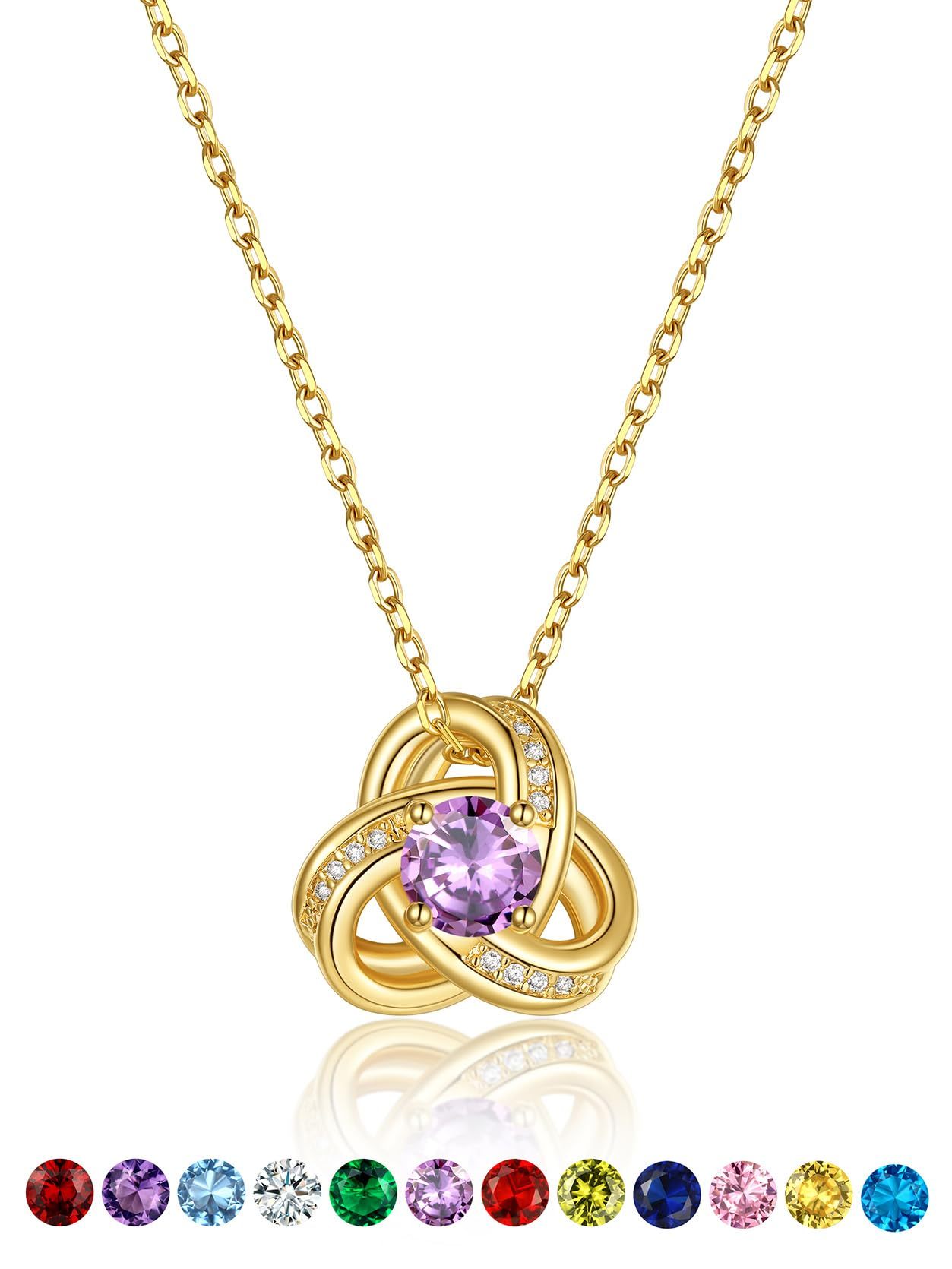 KeyStyle Necklace for Women Love Knot Pendant Necklace with Cubic Zirconia 14K Gold Plated Birthstone Jewelry Necklace Mother's Day Birthday Gifts for Women