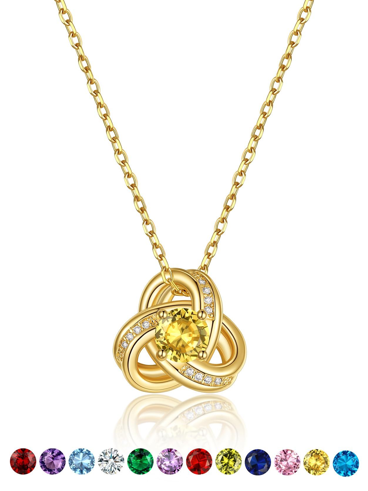 KeyStyle Necklace for Women Love Knot Pendant Necklace with Cubic Zirconia 14K Gold Plated Birthstone Jewelry Necklace Mother's Day Birthday Gifts for Women