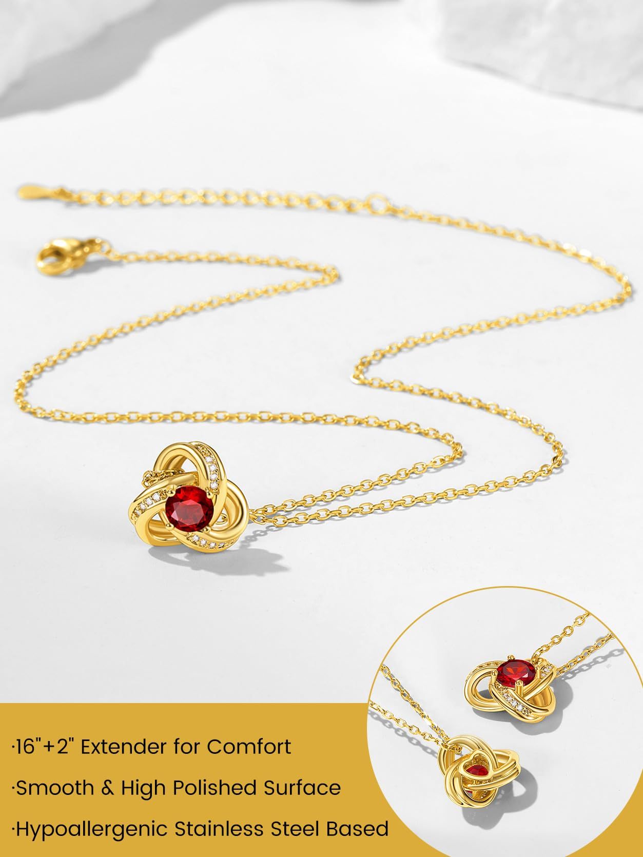 KeyStyle Necklace for Women Love Knot Pendant Necklace with Cubic Zirconia 14K Gold Plated Birthstone Jewelry Necklace Mother's Day Birthday Gifts for Women