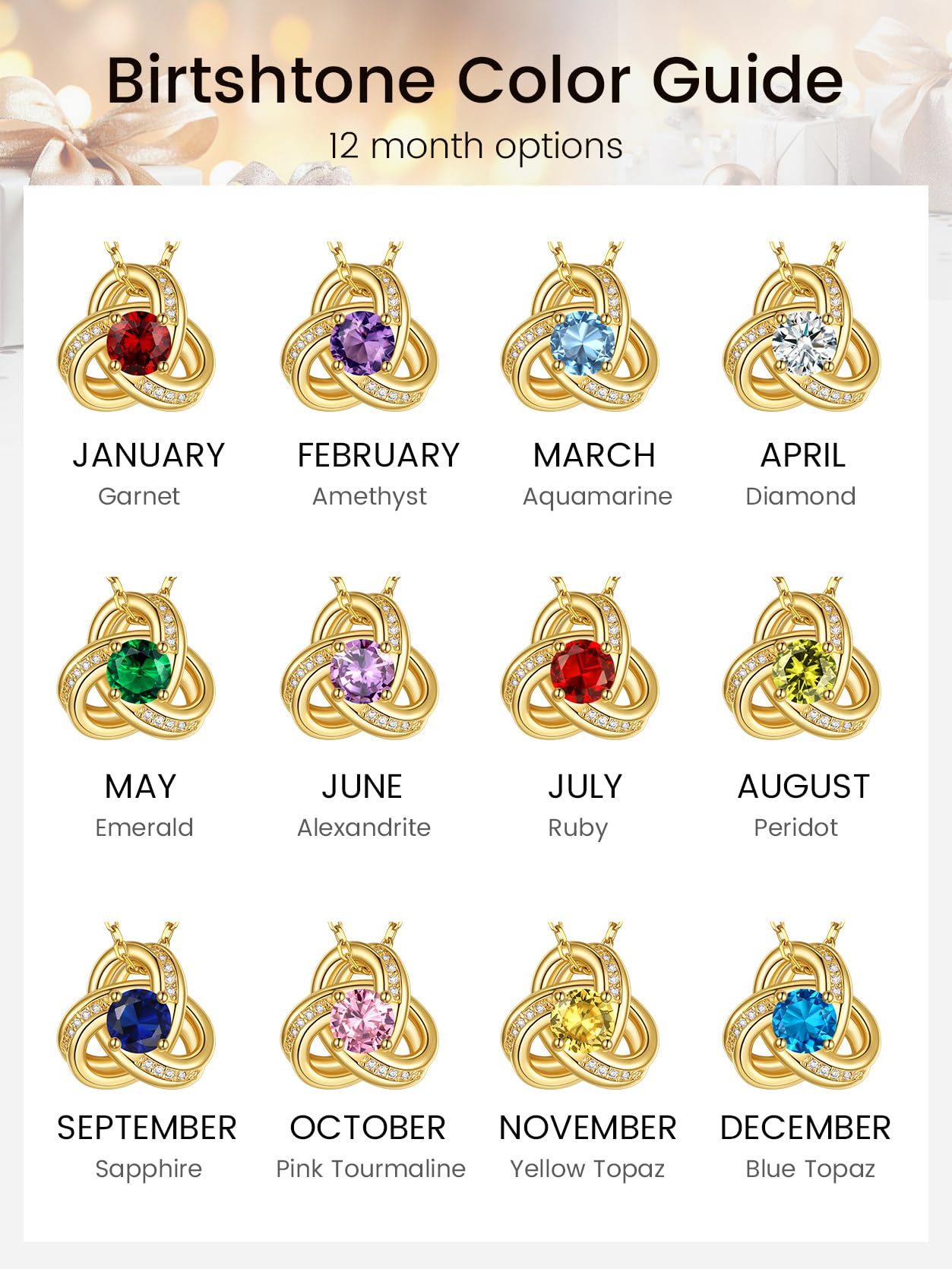 KeyStyle Necklace for Women Love Knot Pendant Necklace with Cubic Zirconia 14K Gold Plated Birthstone Jewelry Necklace Mother's Day Birthday Gifts for Women