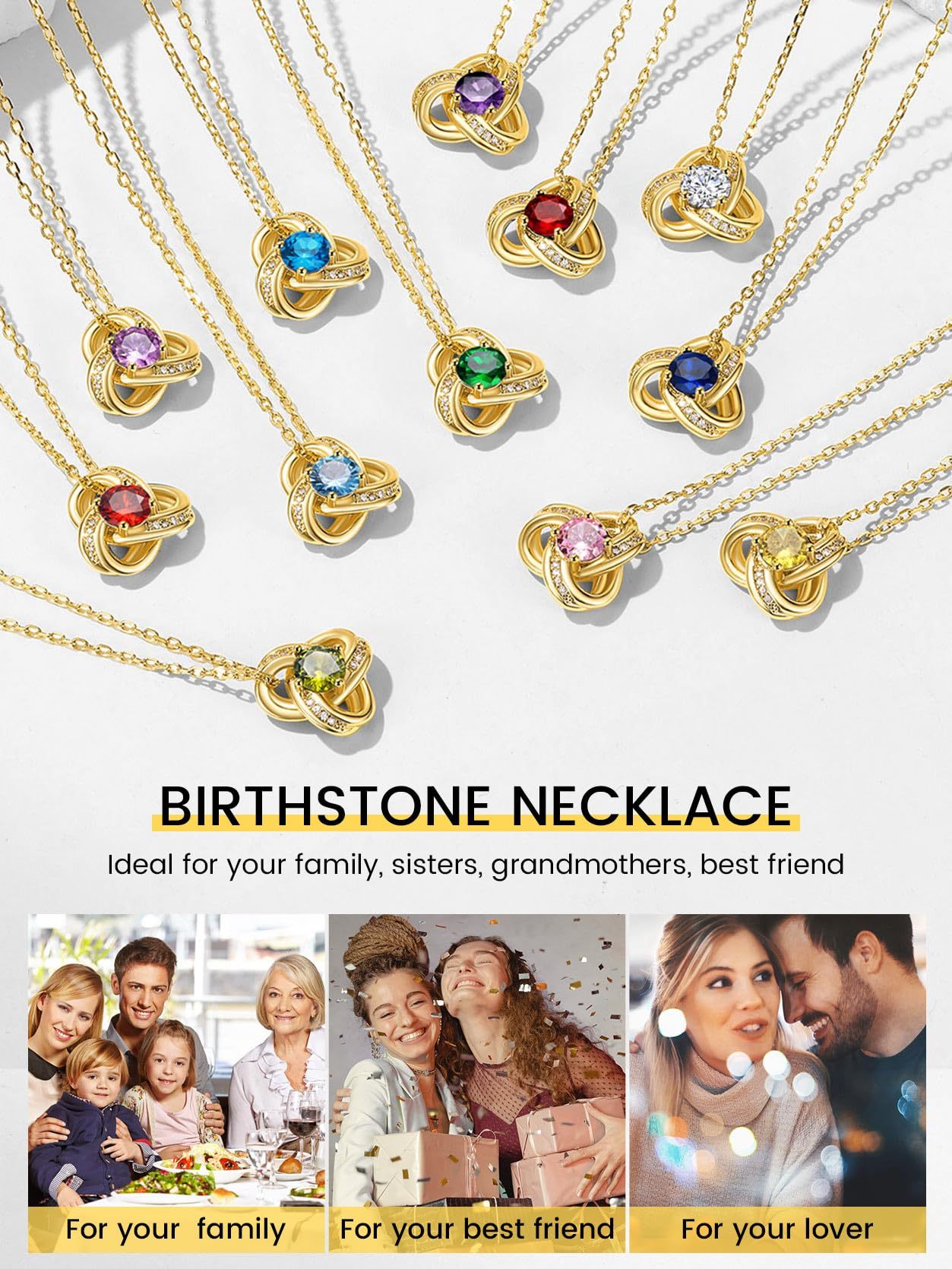 KeyStyle Necklace for Women Love Knot Pendant Necklace with Cubic Zirconia 14K Gold Plated Birthstone Jewelry Necklace Mother's Day Birthday Gifts for Women