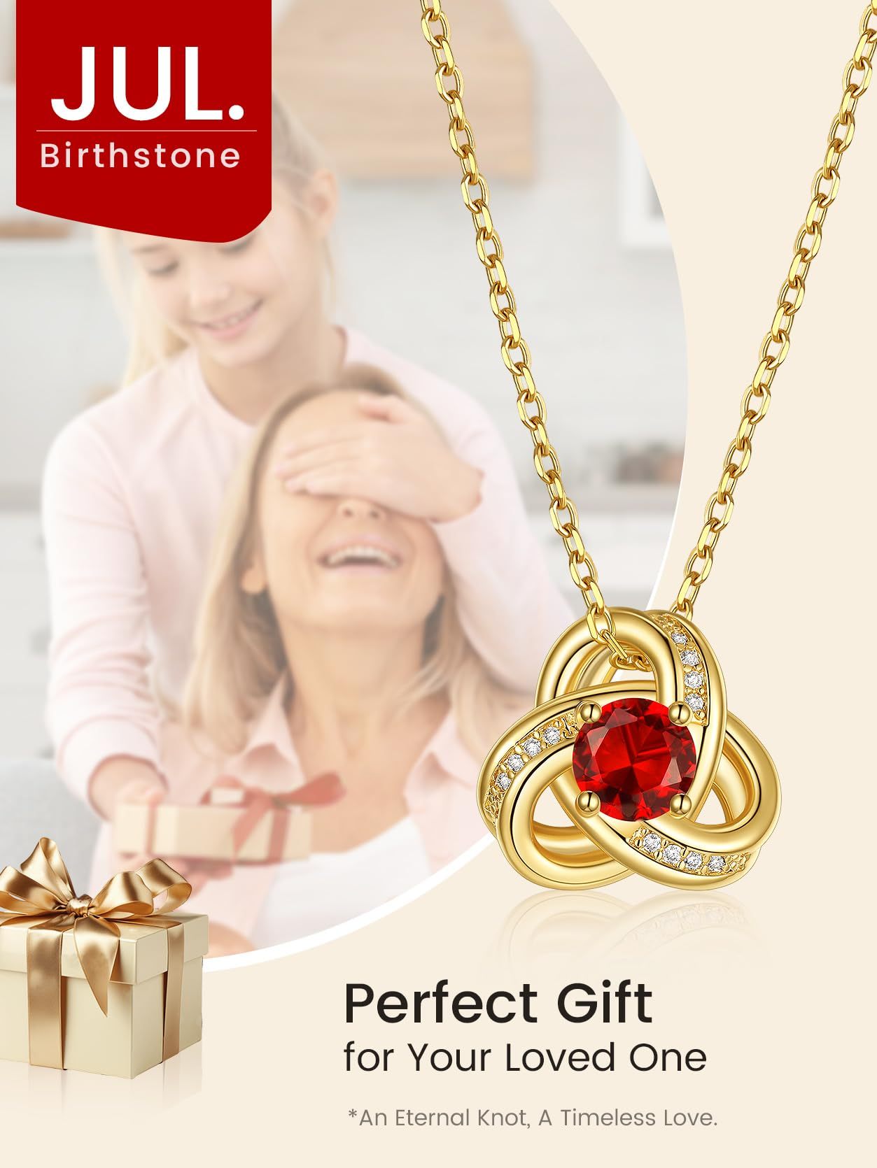 KeyStyle Necklace for Women Love Knot Pendant Necklace with Cubic Zirconia 14K Gold Plated Birthstone Jewelry Necklace Mother's Day Birthday Gifts for Women