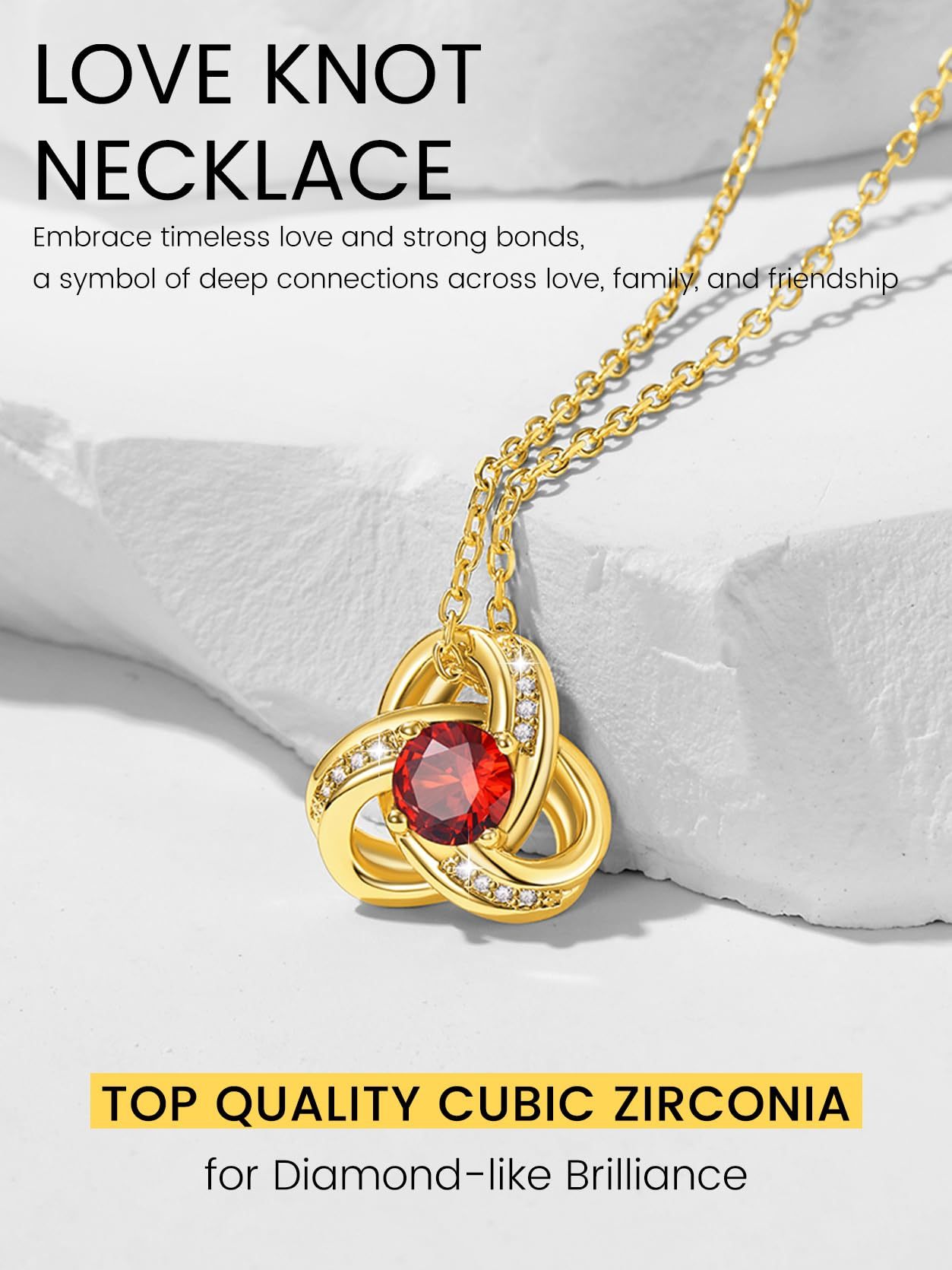 KeyStyle Necklace for Women Love Knot Pendant Necklace with Cubic Zirconia 14K Gold Plated Birthstone Jewelry Necklace Mother's Day Birthday Gifts for Women