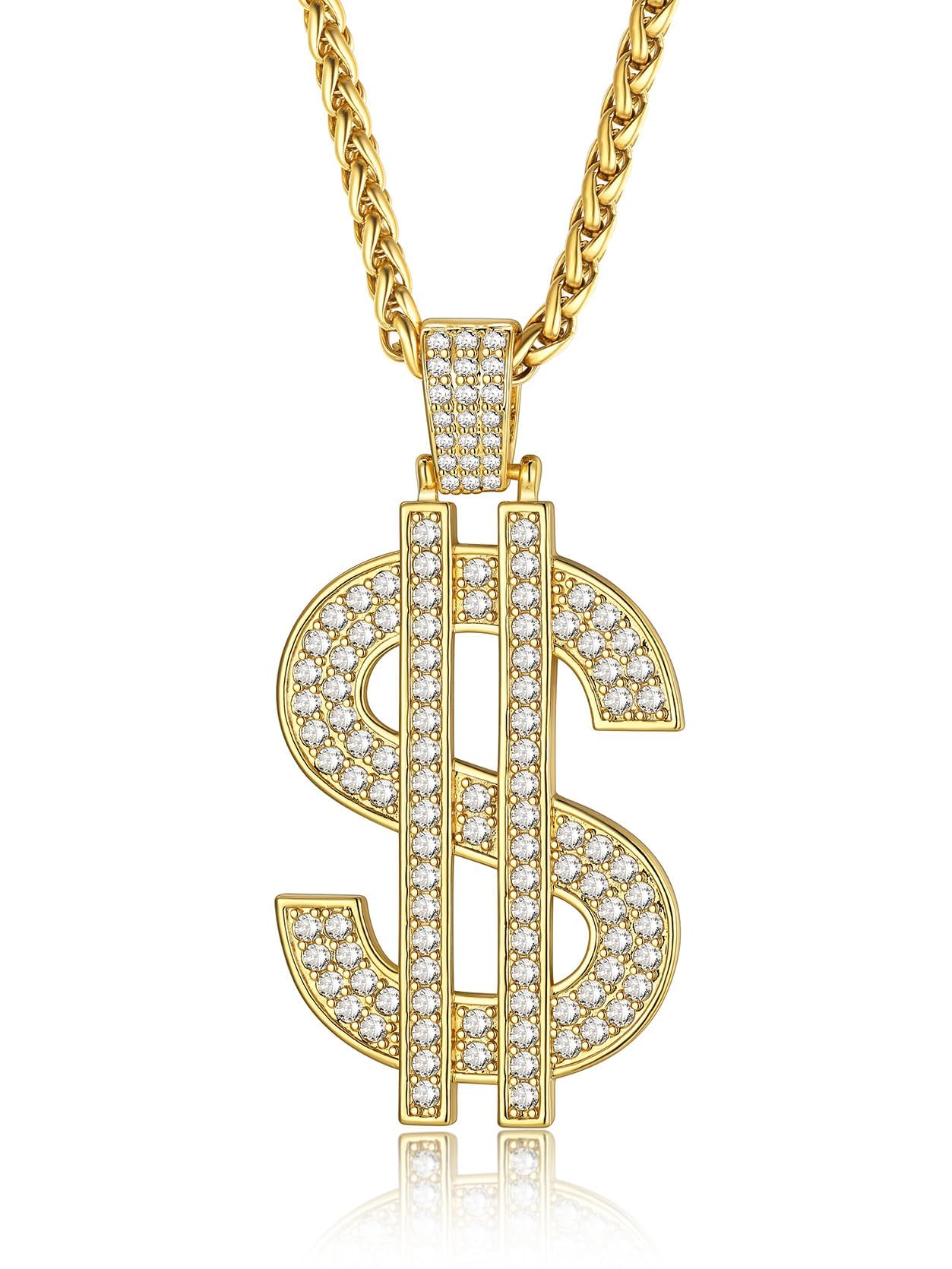 KeyStyle Dollar Sign Chain Pendant Necklace for Men Hip Pop Money Necklaces with Cubic Zirconia Womens Necklaces Fashion Jewelry Birthday Gifts for Men