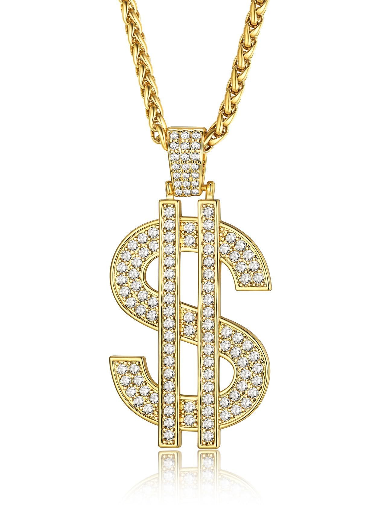 KeyStyle Dollar Sign Chain Pendant Necklace for Men Hip Pop Money Necklaces with Cubic Zirconia Womens Necklaces Fashion Jewelry Birthday Gifts for Men