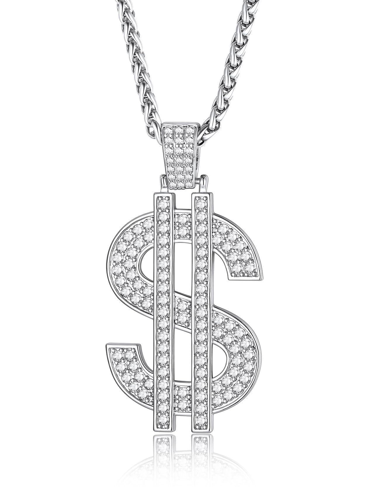 KeyStyle Dollar Sign Chain Pendant Necklace for Men Hip Pop Money Necklaces with Cubic Zirconia Womens Necklaces Fashion Jewelry Birthday Gifts for Men