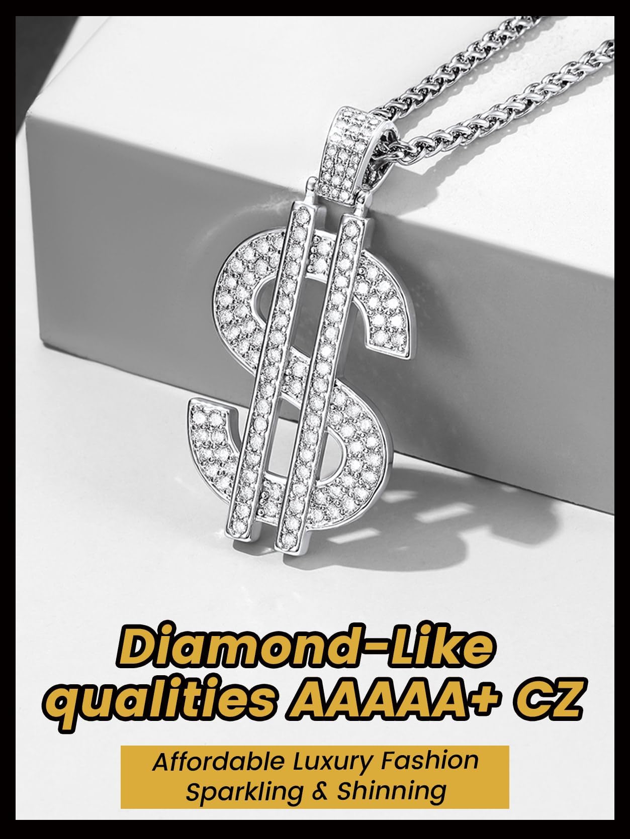 KeyStyle Dollar Sign Chain Pendant Necklace for Men Hip Pop Money Necklaces with Cubic Zirconia Womens Necklaces Fashion Jewelry Birthday Gifts for Men