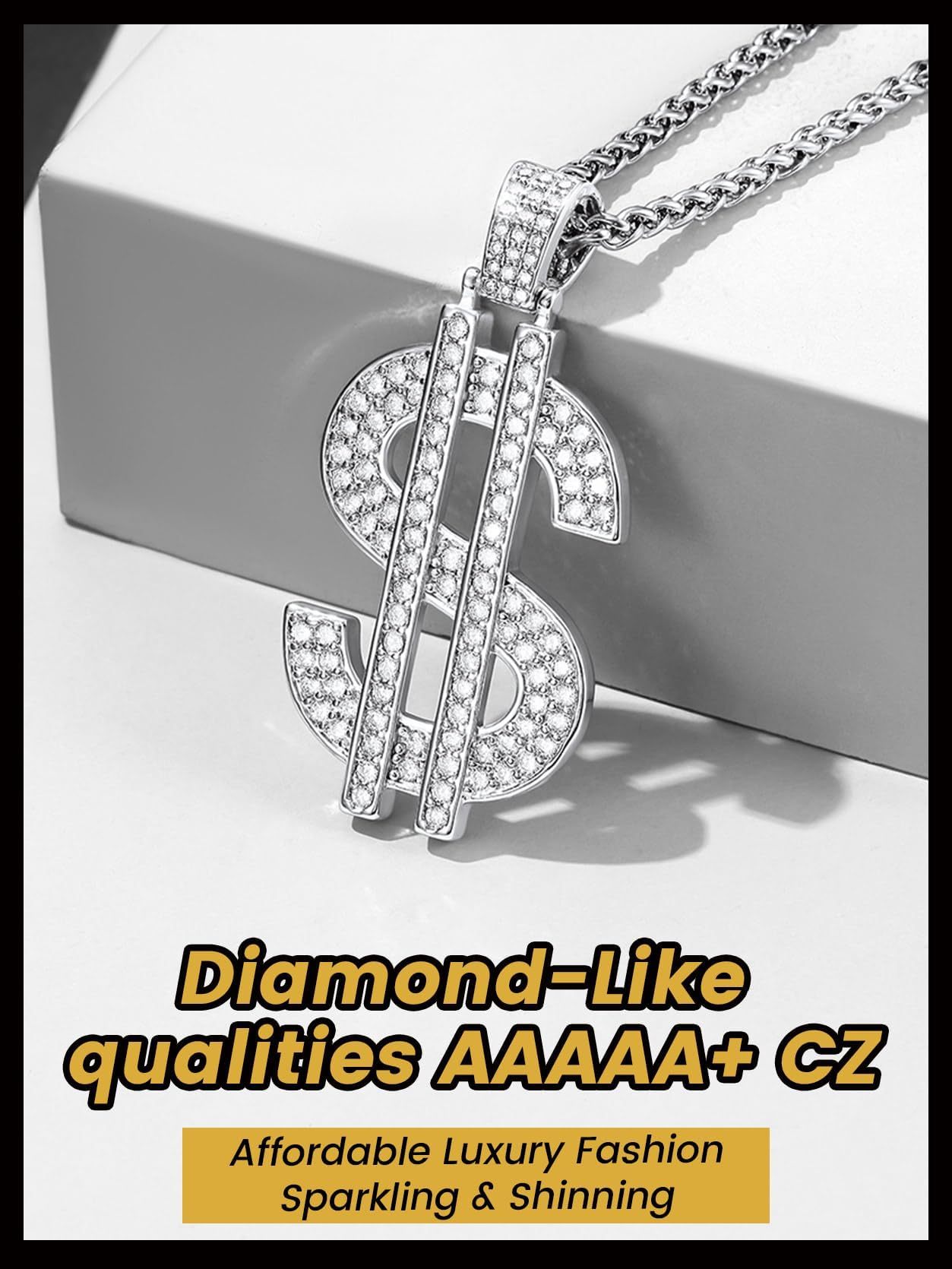 KeyStyle Dollar Sign Chain Pendant Necklace for Men Hip Pop Money Necklaces with Cubic Zirconia Womens Necklaces Fashion Jewelry Birthday Gifts for Men