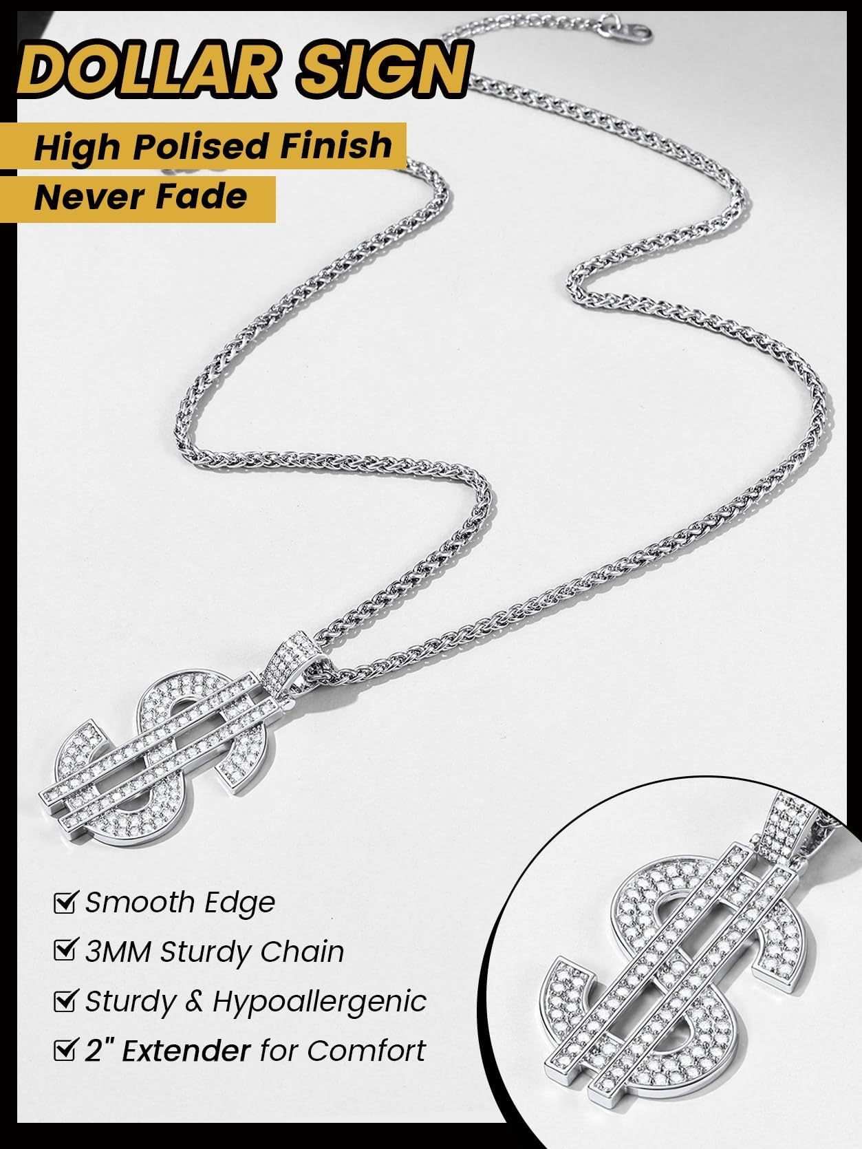 KeyStyle Dollar Sign Chain Pendant Necklace for Men Hip Pop Money Necklaces with Cubic Zirconia Womens Necklaces Fashion Jewelry Birthday Gifts for Men