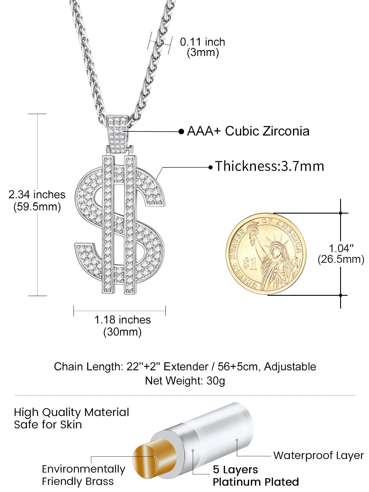 KeyStyle Dollar Sign Chain Pendant Necklace for Men Hip Pop Money Necklaces with Cubic Zirconia Womens Necklaces Fashion Jewelry Birthday Gifts for Men
