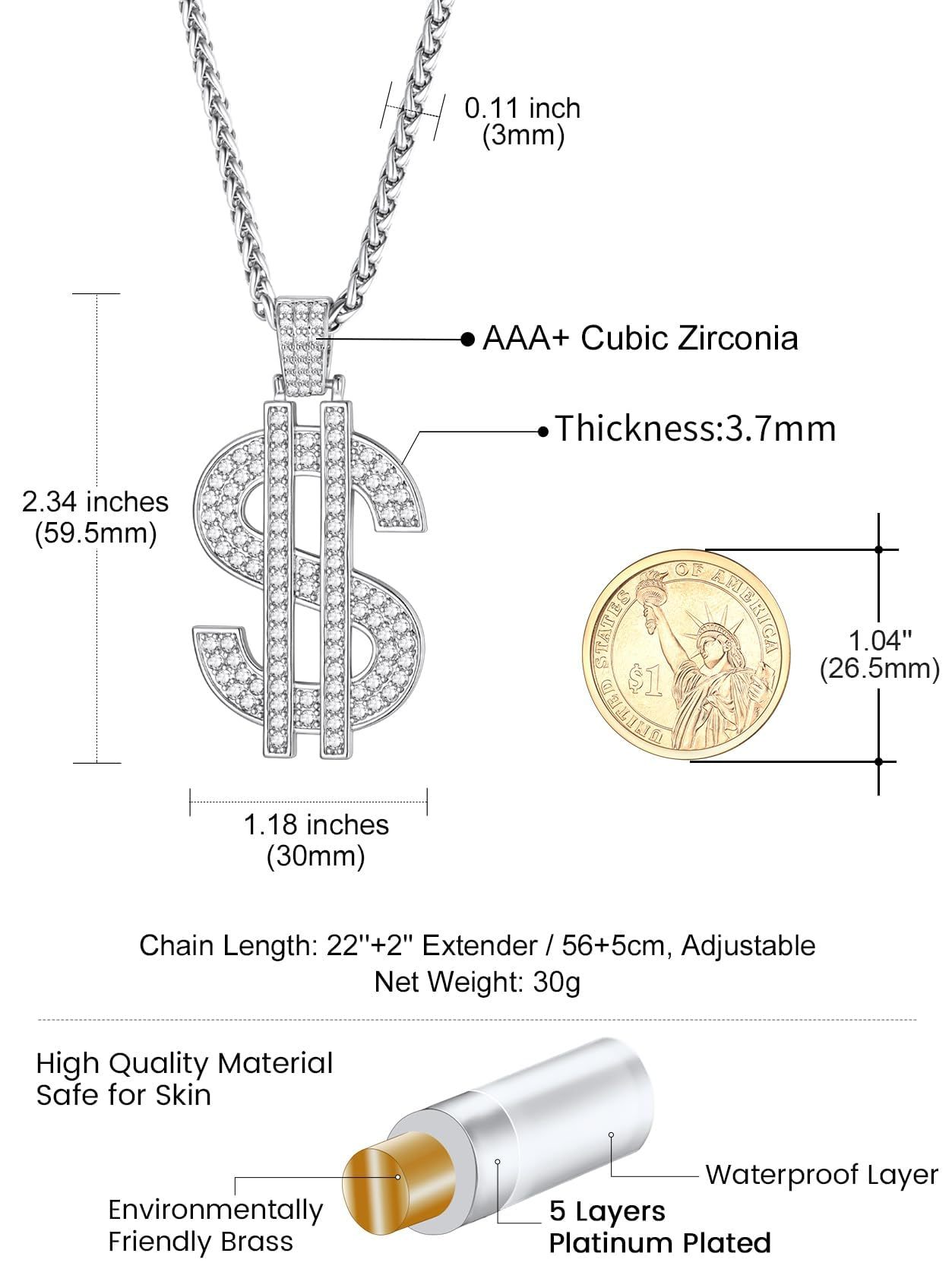 KeyStyle Dollar Sign Chain Pendant Necklace for Men Hip Pop Money Necklaces with Cubic Zirconia Womens Necklaces Fashion Jewelry Birthday Gifts for Men
