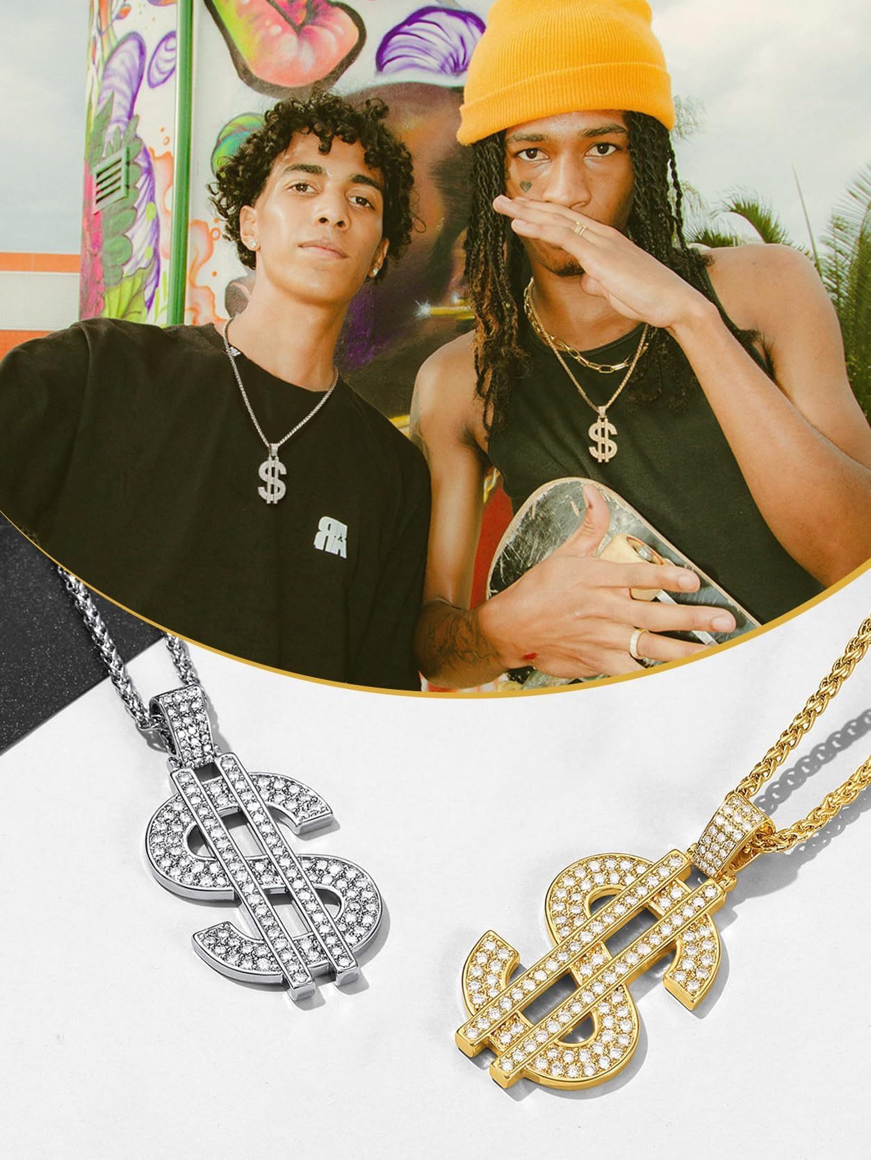 KeyStyle Dollar Sign Chain Pendant Necklace for Men Hip Pop Money Necklaces with Cubic Zirconia Womens Necklaces Fashion Jewelry Birthday Gifts for Men