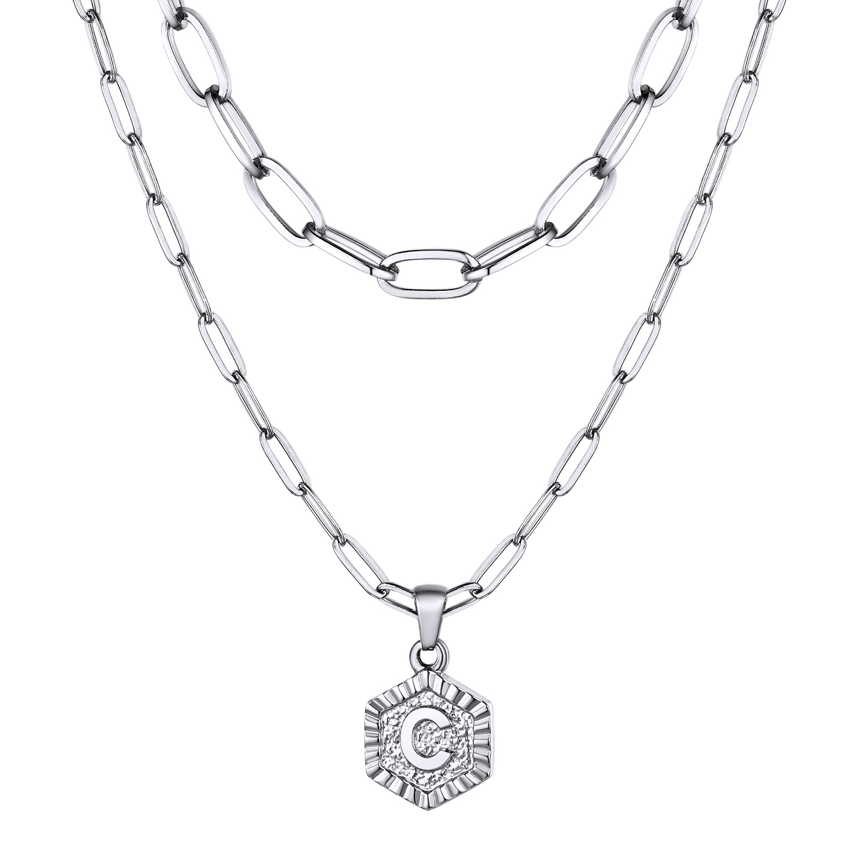 KeyStyle Layered Initial Pendant Necklace for Women Layered Paperclip Choker Chain Necklaces Set Alphabet Letter Necklaces with Cubic Zriconia Birthday Valentines Jewelry Gifts for Girlfriends Wife