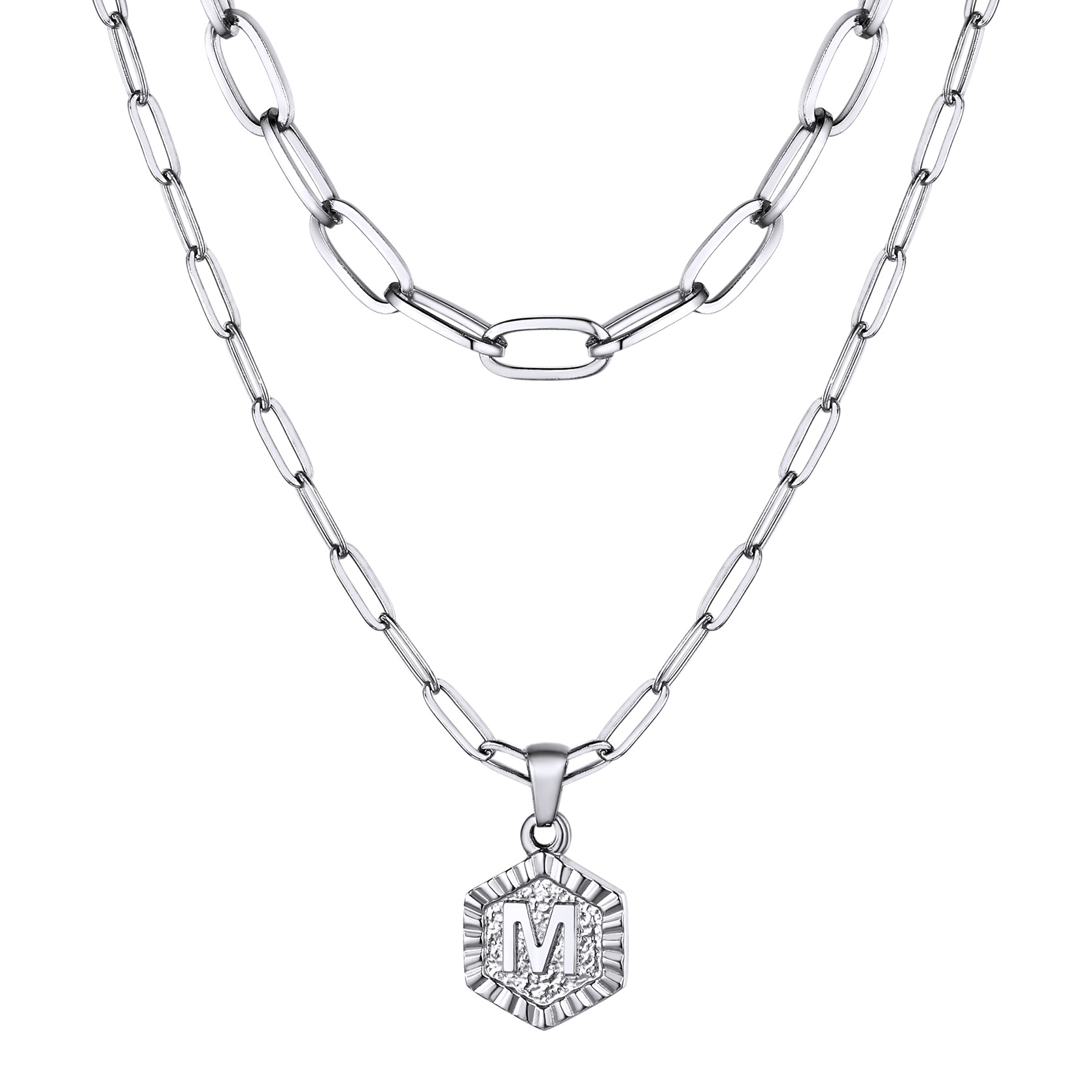 KeyStyle Layered Initial Pendant Necklace for Women Layered Paperclip Choker Chain Necklaces Set Alphabet Letter Necklaces with Cubic Zriconia Birthday Valentines Jewelry Gifts for Girlfriends Wife