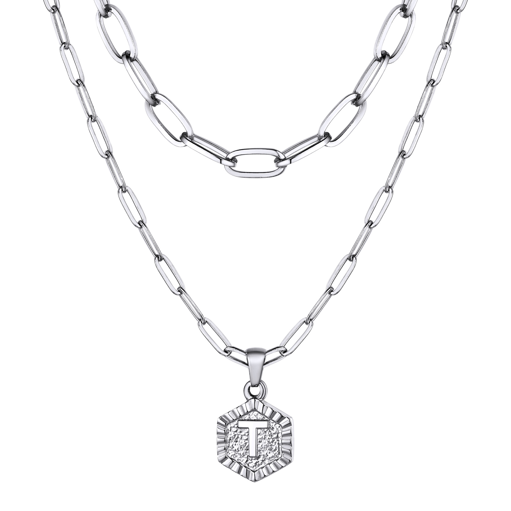 KeyStyle Layered Initial Pendant Necklace for Women Layered Paperclip Choker Chain Necklaces Set Alphabet Letter Necklaces with Cubic Zriconia Birthday Valentines Jewelry Gifts for Girlfriends Wife