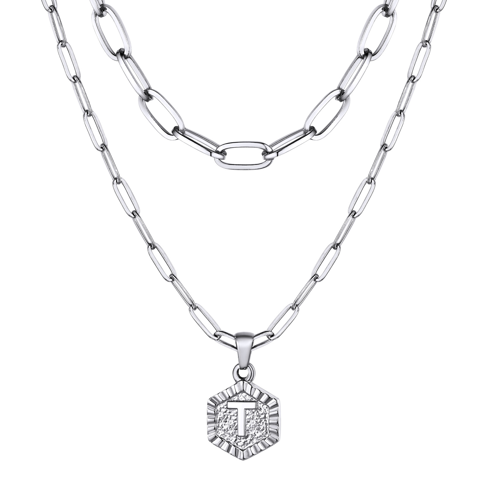 KeyStyle Layered Initial Pendant Necklace for Women Layered Paperclip Choker Chain Necklaces Set Alphabet Letter Necklaces with Cubic Zriconia Birthday Valentines Jewelry Gifts for Girlfriends Wife