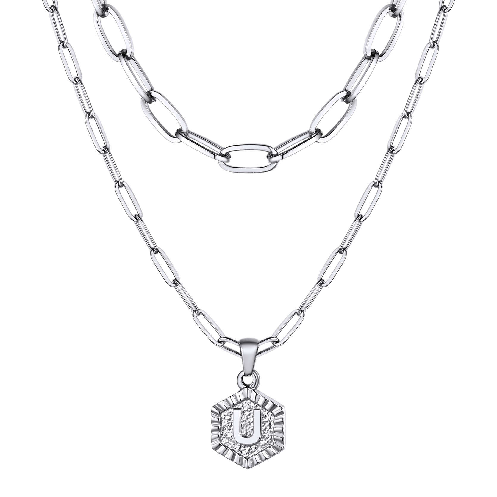 KeyStyle Layered Initial Pendant Necklace for Women Layered Paperclip Choker Chain Necklaces Set Alphabet Letter Necklaces with Cubic Zriconia Birthday Valentines Jewelry Gifts for Girlfriends Wife