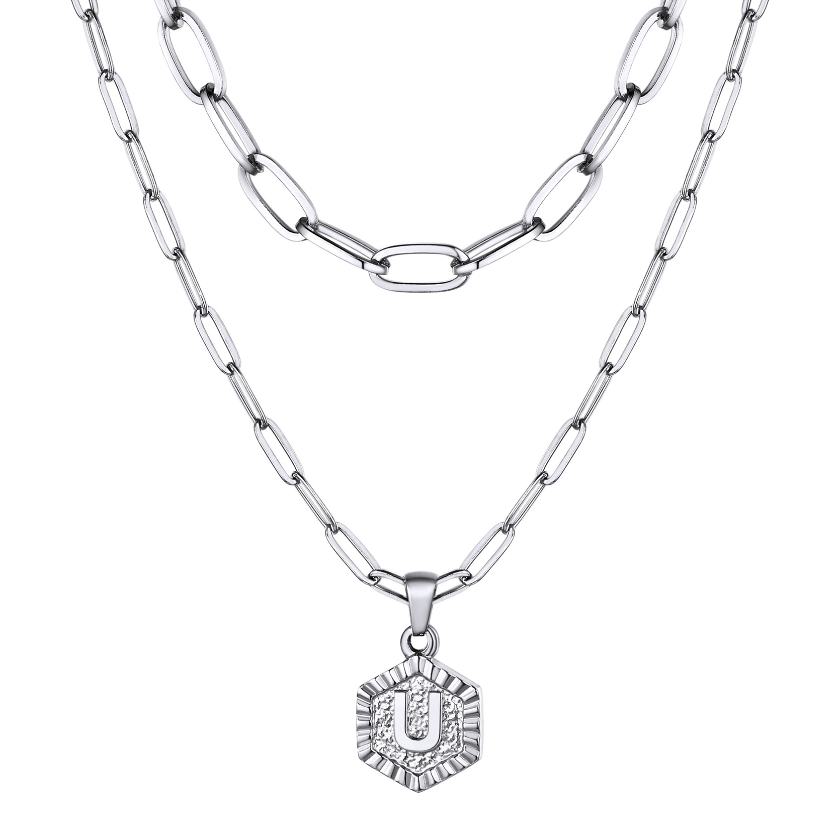 KeyStyle Layered Initial Pendant Necklace for Women Layered Paperclip Choker Chain Necklaces Set Alphabet Letter Necklaces with Cubic Zriconia Birthday Valentines Jewelry Gifts for Girlfriends Wife