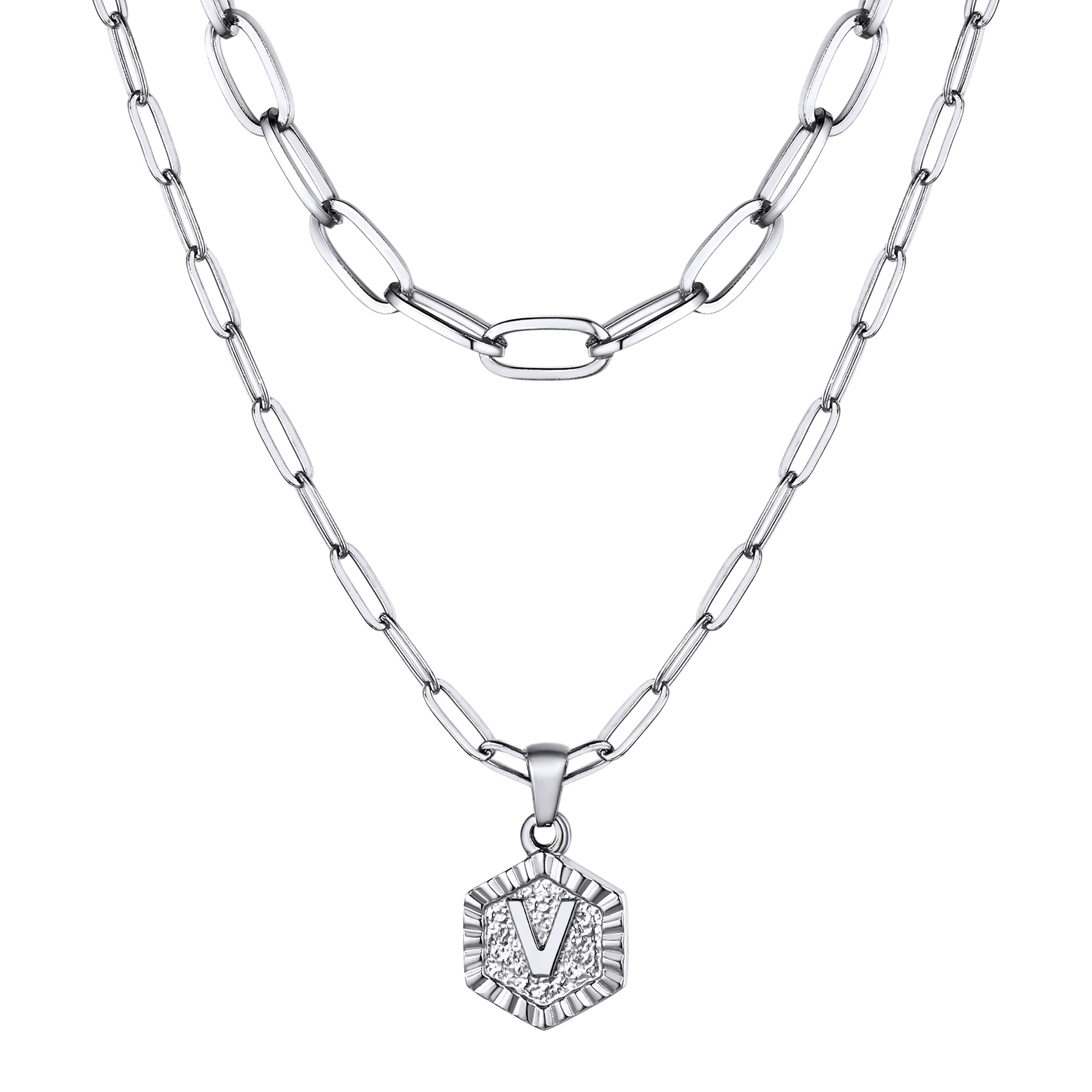 KeyStyle Layered Initial Pendant Necklace for Women Layered Paperclip Choker Chain Necklaces Set Alphabet Letter Necklaces with Cubic Zriconia Birthday Valentines Jewelry Gifts for Girlfriends Wife