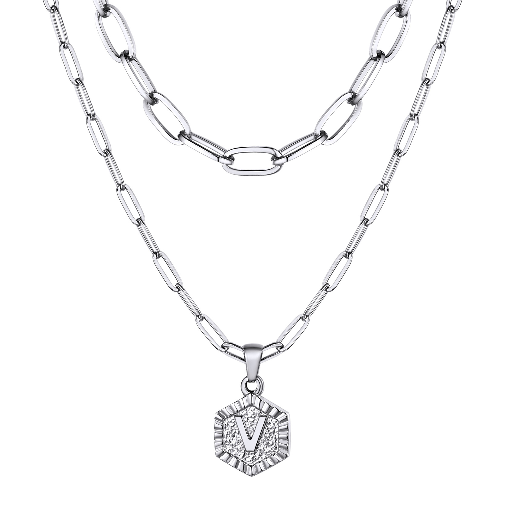 KeyStyle Layered Initial Pendant Necklace for Women Layered Paperclip Choker Chain Necklaces Set Alphabet Letter Necklaces with Cubic Zriconia Birthday Valentines Jewelry Gifts for Girlfriends Wife