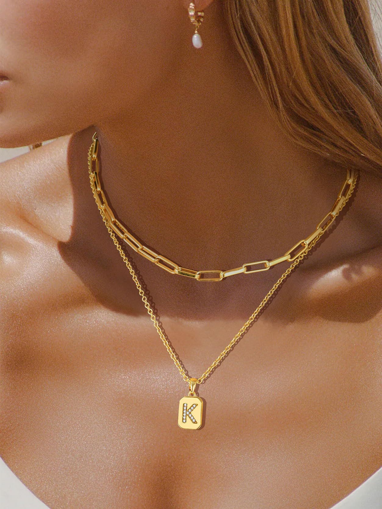 KeyStyle Layered Initial Pendant Necklace for Women Layered Paperclip Choker Chain Necklaces Set Alphabet Letter Necklaces with Cubic Zriconia Birthday Valentines Jewelry Gifts for Girlfriends Wife