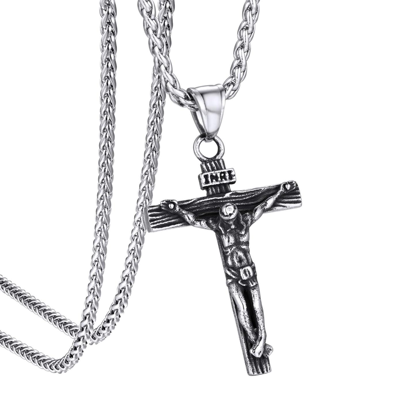 KeyStyle INRI Crucifix Cross Necklace for Men Stainless Steel Cross Pendant Necklace Jesus Christian Religious Jewelry Valentines Gift for Husband