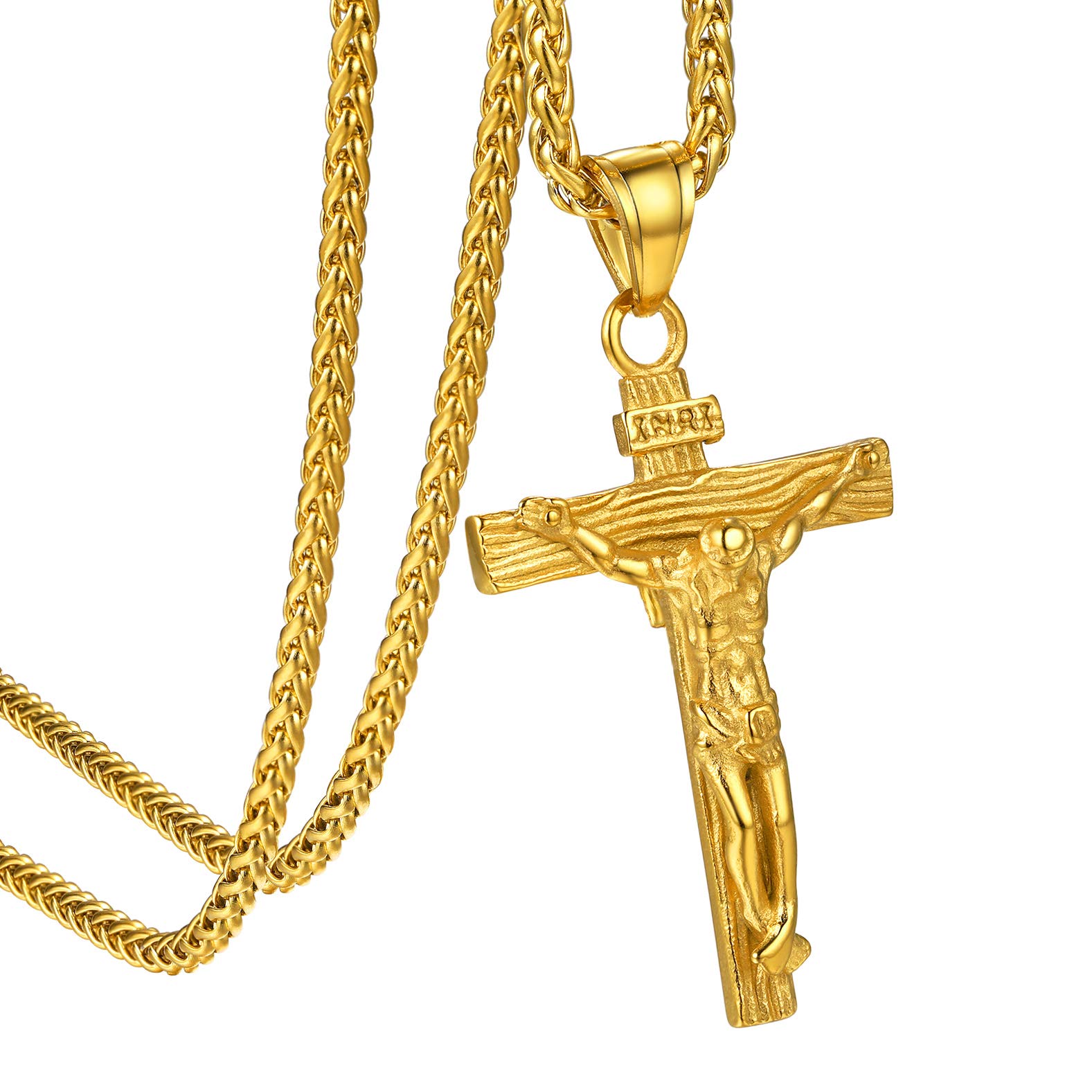 KeyStyle INRI Crucifix Cross Necklace for Men Stainless Steel Cross Pendant Necklace Jesus Christian Religious Jewelry Valentines Gift for Husband