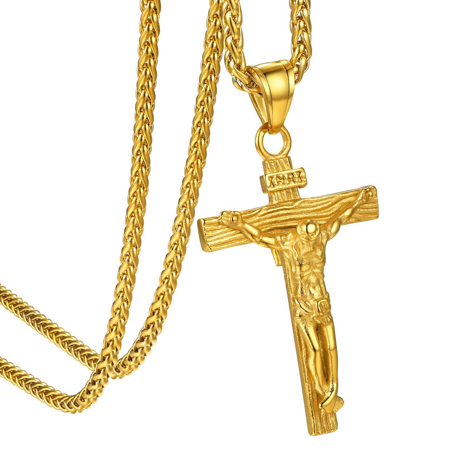 KeyStyle INRI Crucifix Cross Necklace for Men Stainless Steel Cross Pendant Necklace Jesus Christian Religious Jewelry Valentines Gift for Husband