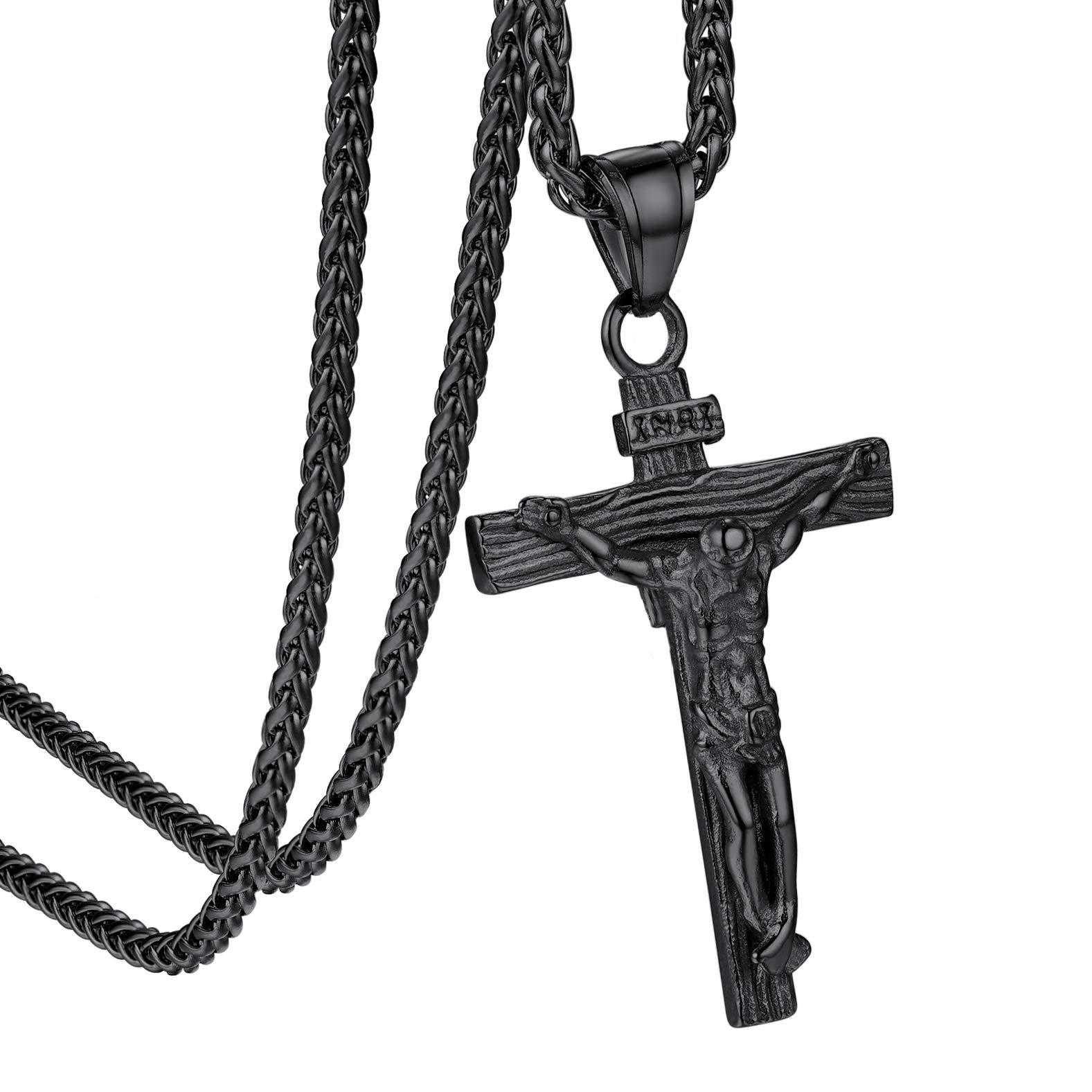 KeyStyle INRI Crucifix Cross Necklace for Men Stainless Steel Cross Pendant Necklace Jesus Christian Religious Jewelry Valentines Gift for Husband