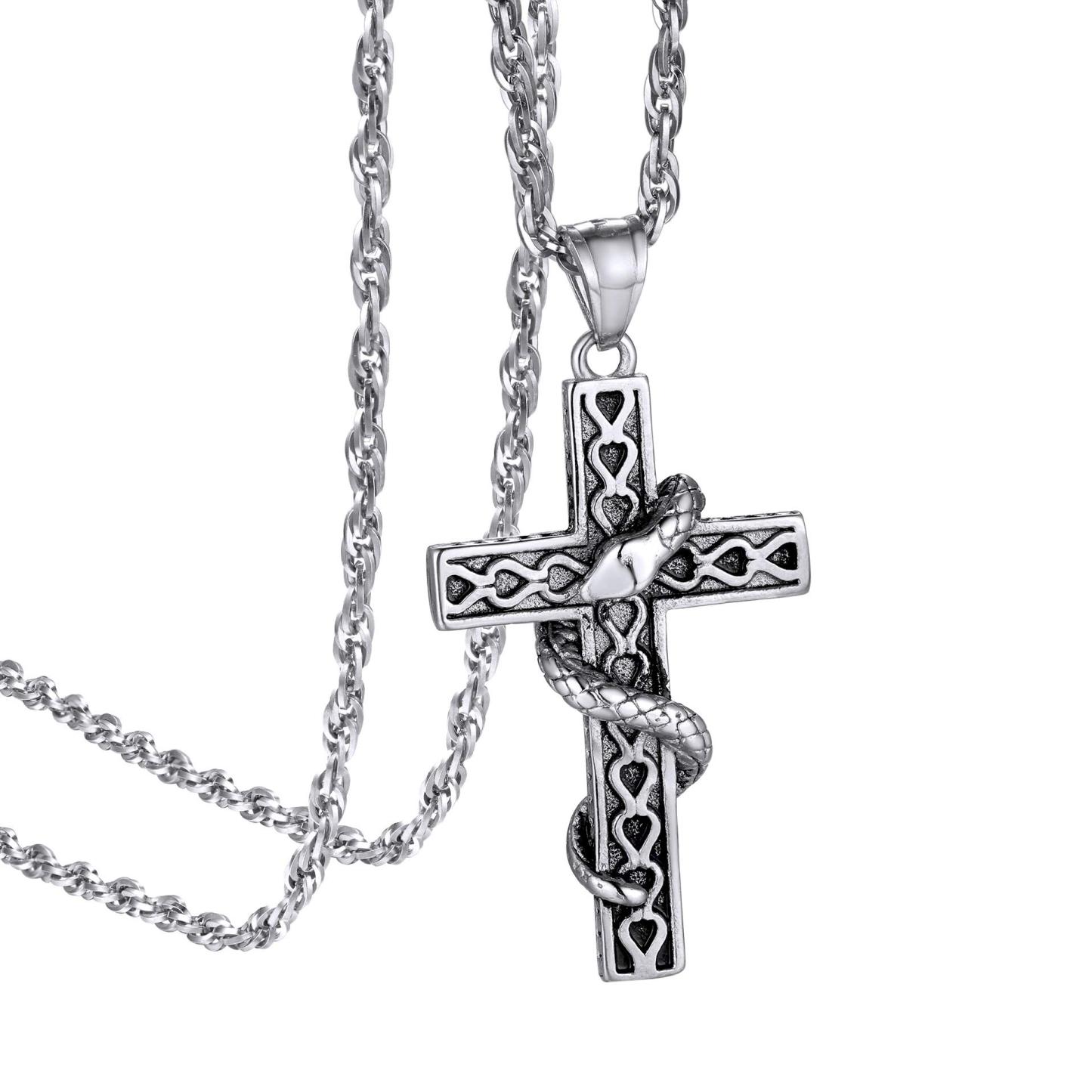 KeyStyle INRI Crucifix Cross Necklace for Men Stainless Steel Cross Pendant Necklace Jesus Christian Religious Jewelry Valentines Gift for Husband