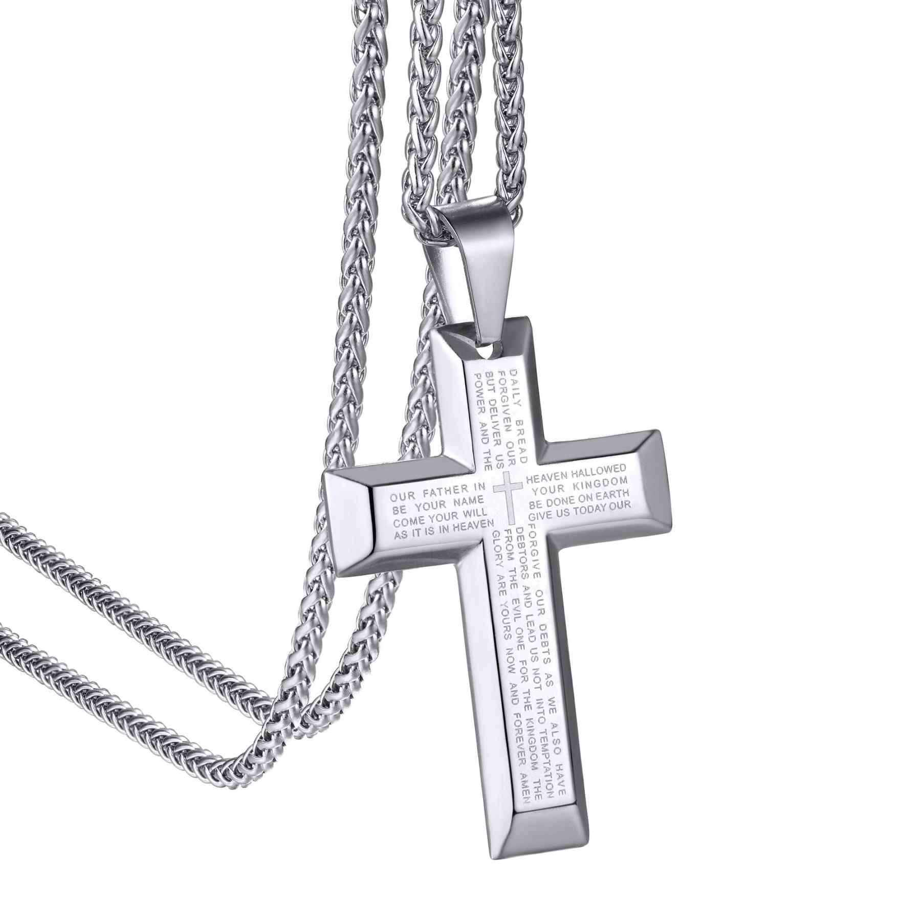 KeyStyle INRI Crucifix Cross Necklace for Men Stainless Steel Cross Pendant Necklace Jesus Christian Religious Jewelry Valentines Gift for Husband