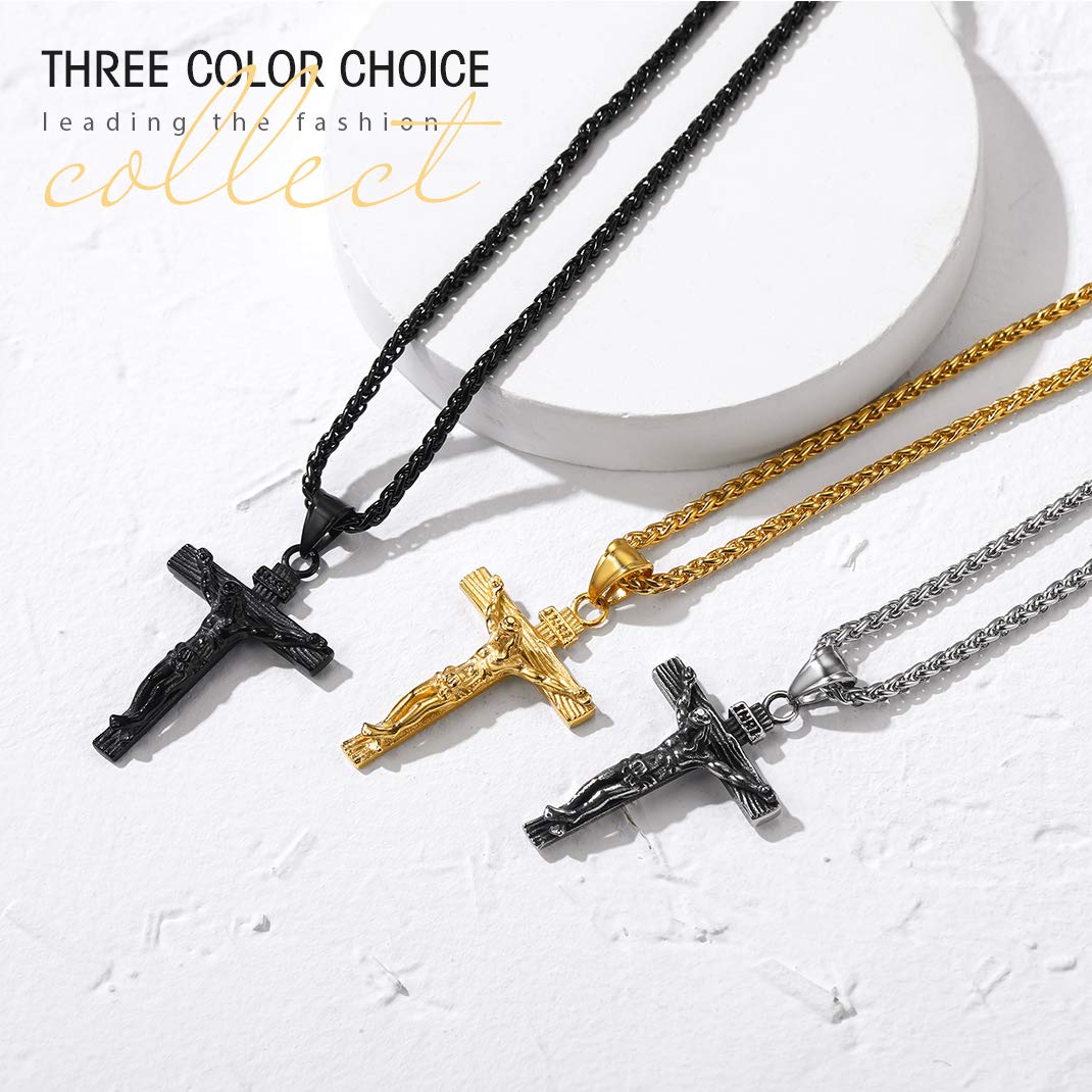 KeyStyle INRI Crucifix Cross Necklace for Men Stainless Steel Cross Pendant Necklace Jesus Christian Religious Jewelry Valentines Gift for Husband