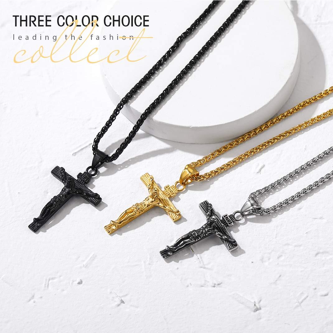 KeyStyle INRI Crucifix Cross Necklace for Men Stainless Steel Cross Pendant Necklace Jesus Christian Religious Jewelry Valentines Gift for Husband