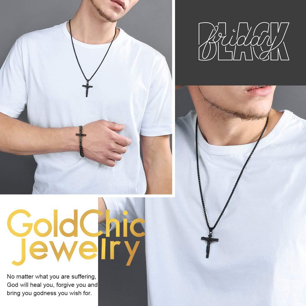 KeyStyle INRI Crucifix Cross Necklace for Men Stainless Steel Cross Pendant Necklace Jesus Christian Religious Jewelry Valentines Gift for Husband
