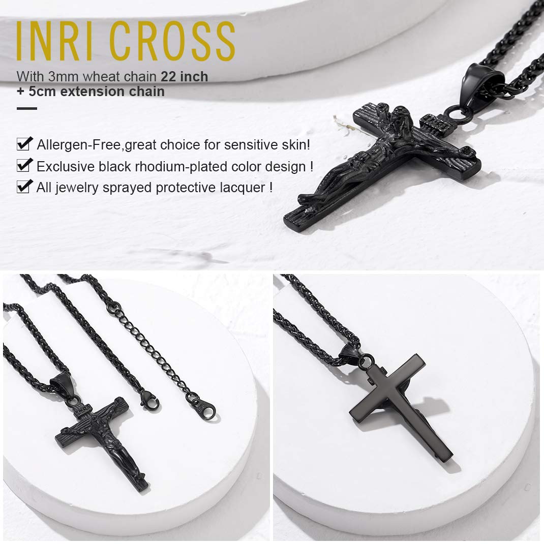 KeyStyle INRI Crucifix Cross Necklace for Men Stainless Steel Cross Pendant Necklace Jesus Christian Religious Jewelry Valentines Gift for Husband